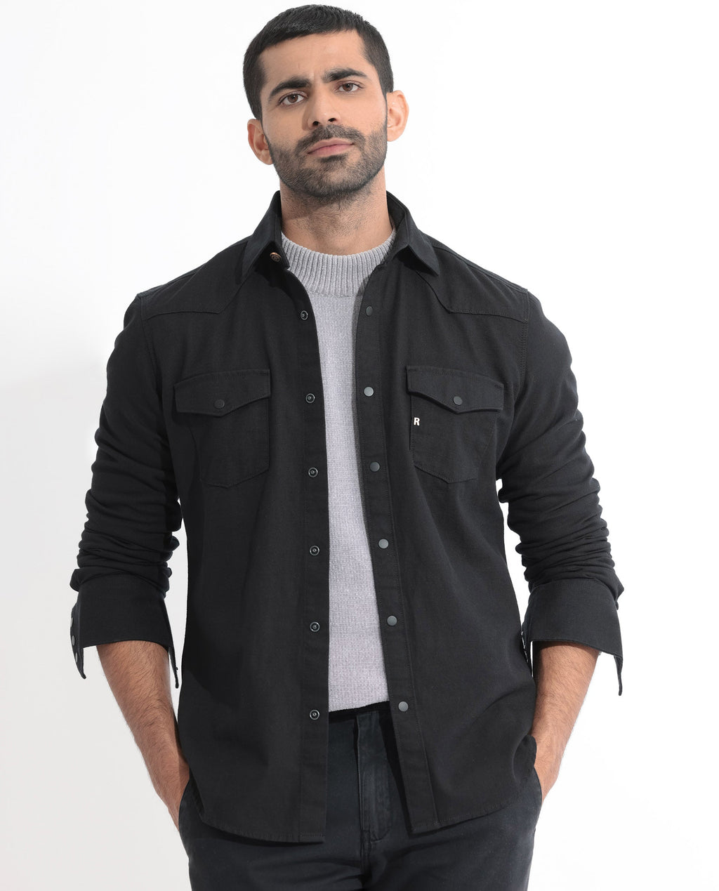 Rare Rabbit Men's Ruban Black Cotton Plain Regular Fit Full Sleeve Collared Shirt