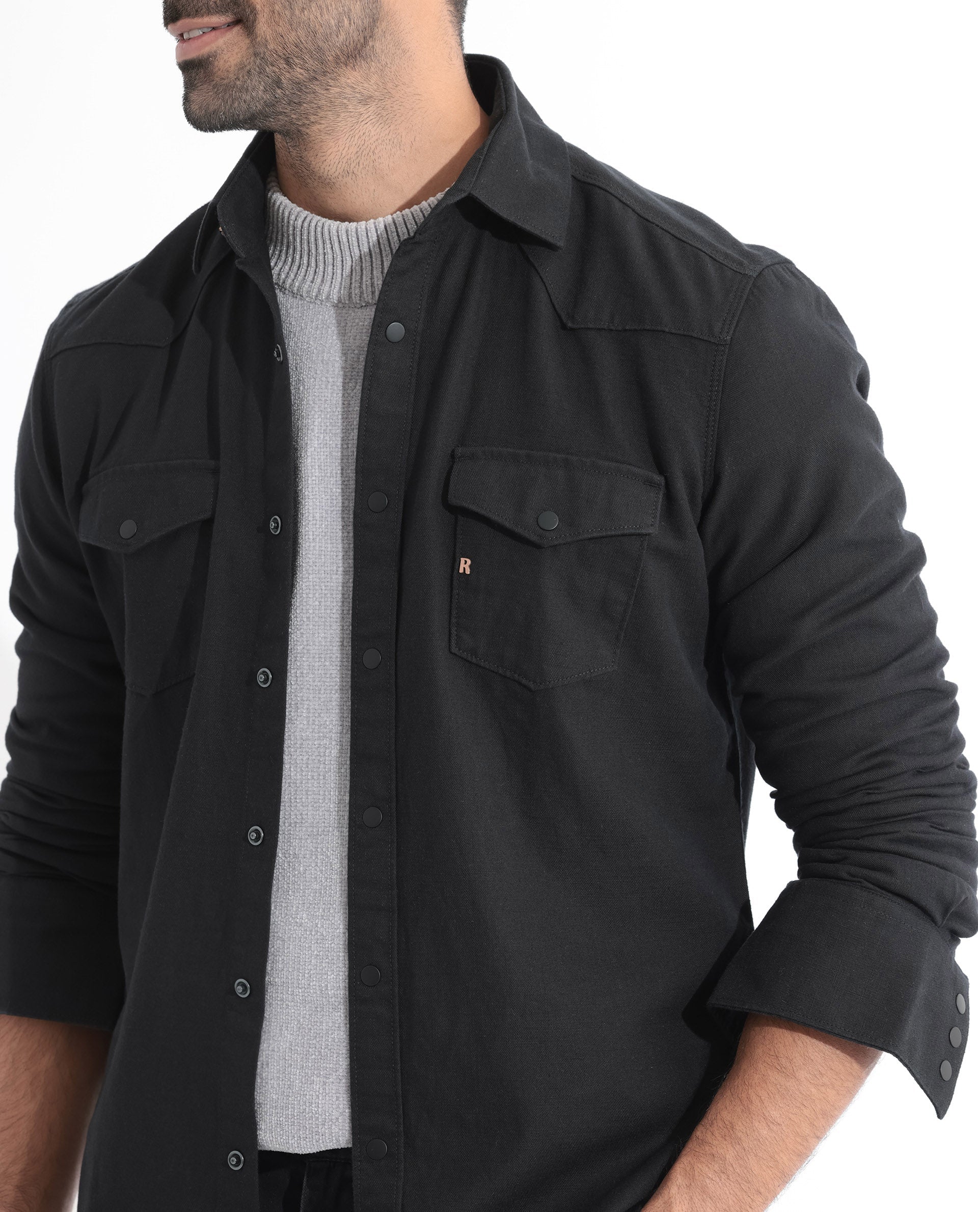 Rare Rabbit Men's Ruban Black Cotton Plain Regular Fit Full Sleeve Collared Shirt