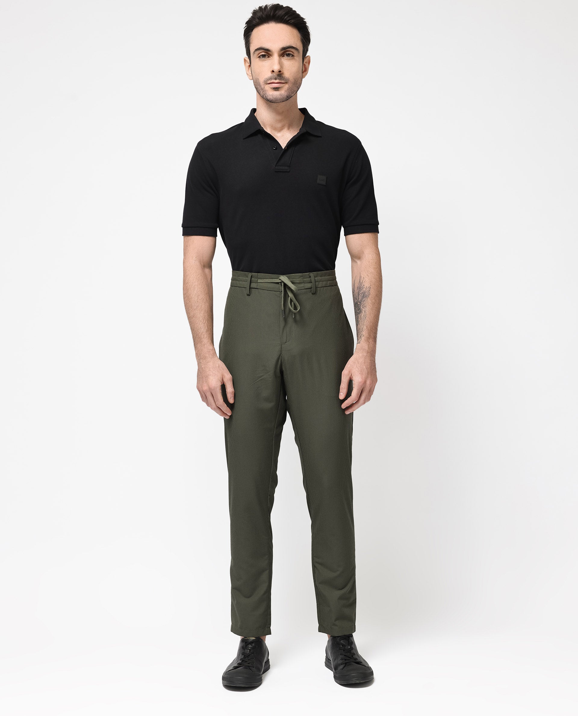 Rare Rabbit Men's Saco Olive Polyester Checked Print Regular Fit Trouser