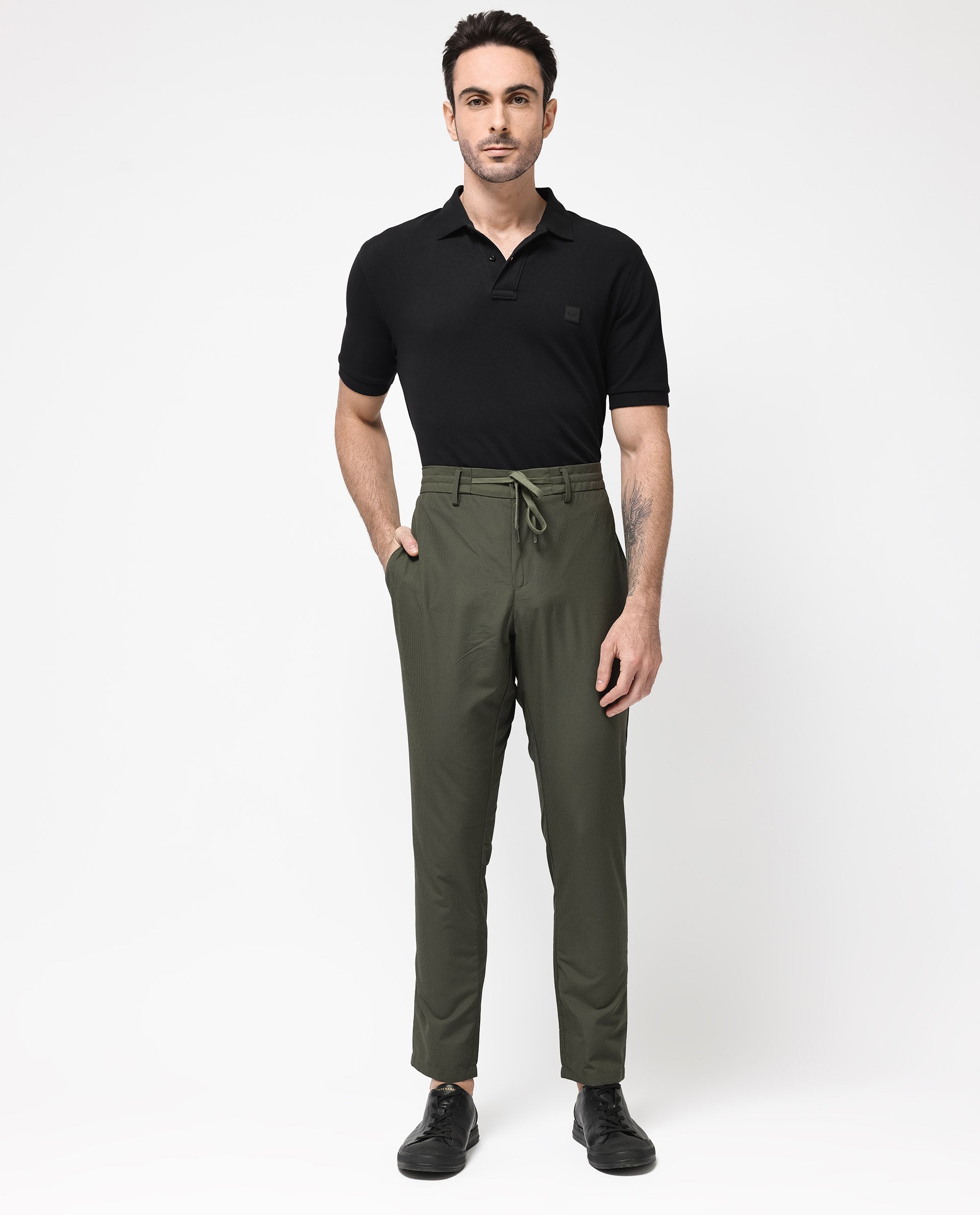 Rare Rabbit Men's Saco Olive Polyester Checked Print Regular Fit Trouser
