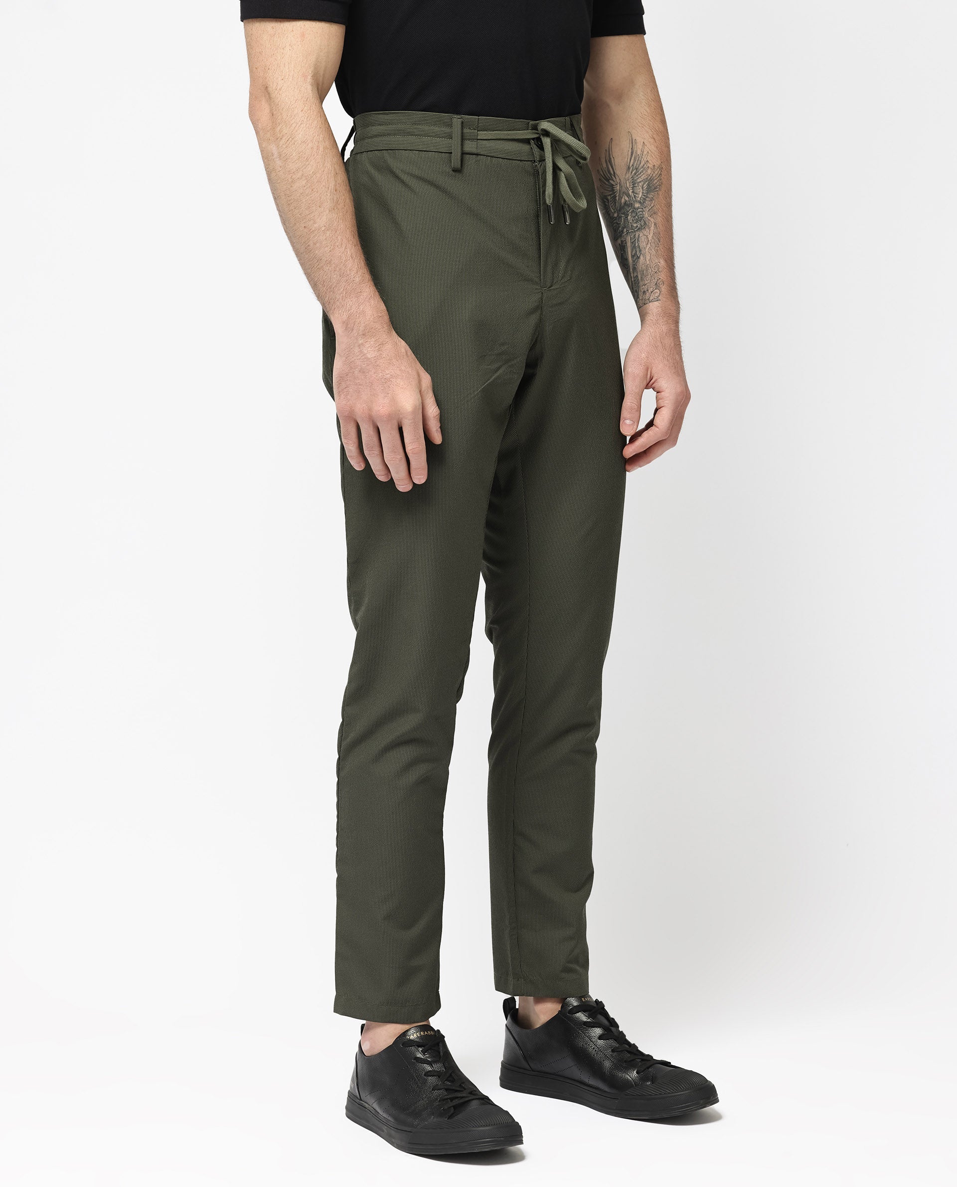 Rare Rabbit Men's Saco Olive Polyester Checked Print Regular Fit Trouser