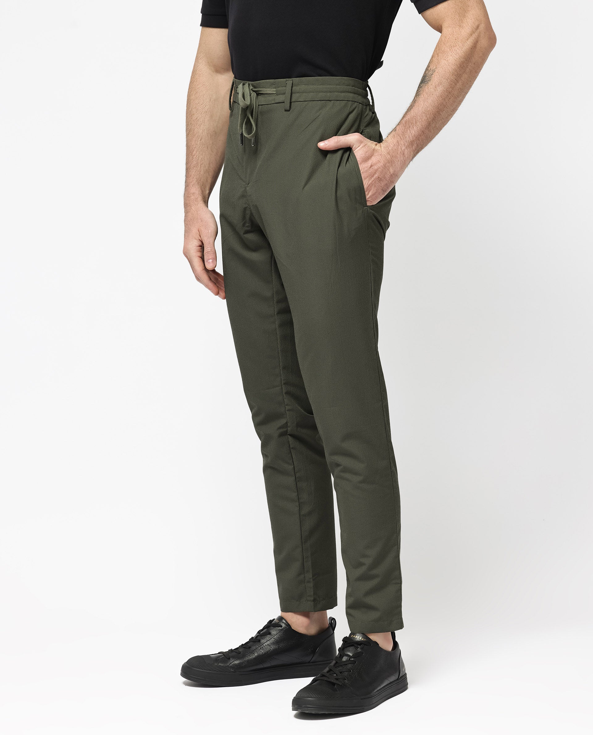 Rare Rabbit Men's Saco Olive Polyester Checked Print Regular Fit Trouser