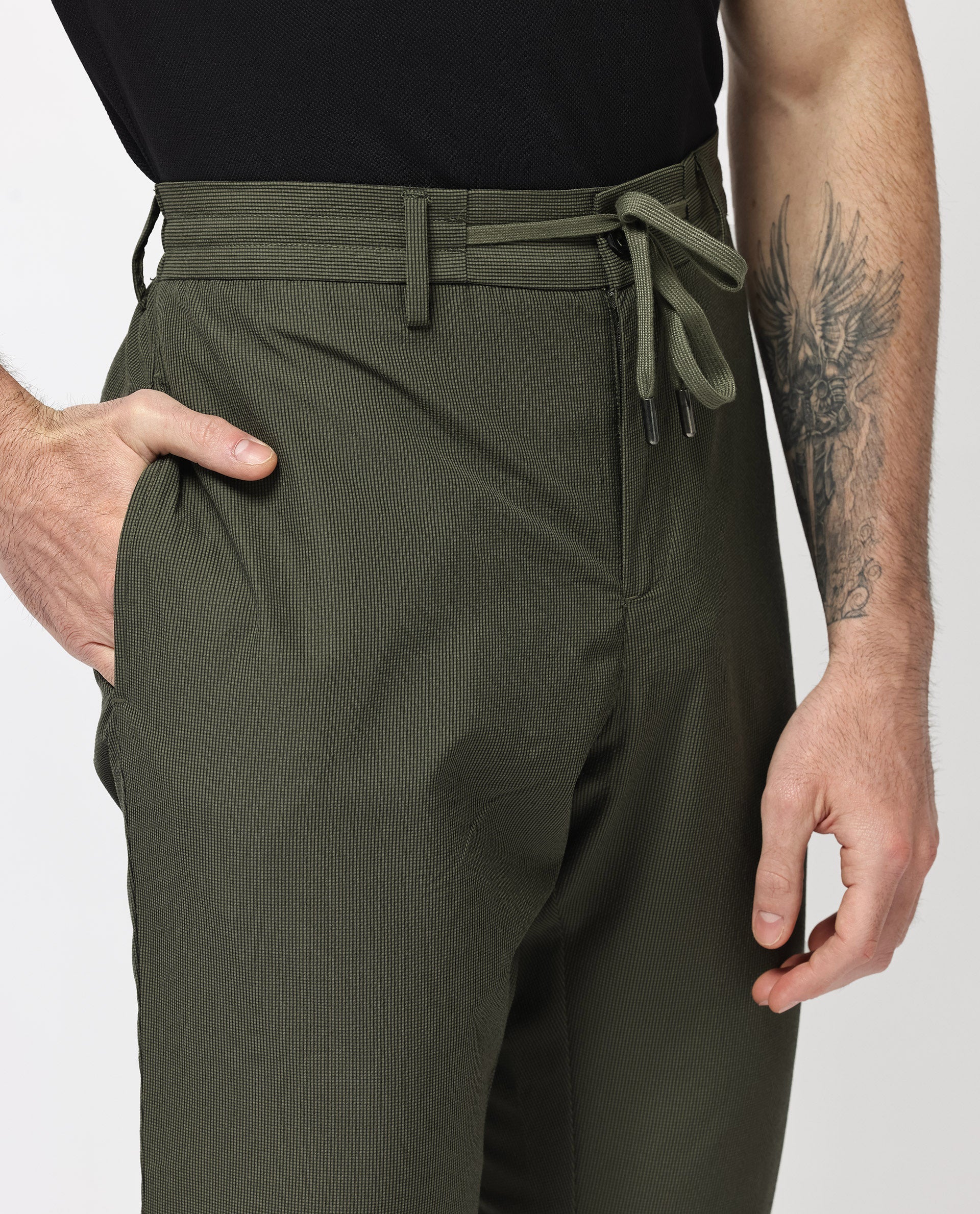 Rare Rabbit Men's Saco Olive Polyester Checked Print Regular Fit Trouser