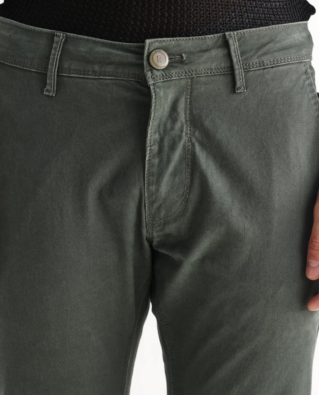 Rare Rabbit Men's Saho Olive Cotton Plain Hawk Slim Fit Jeans