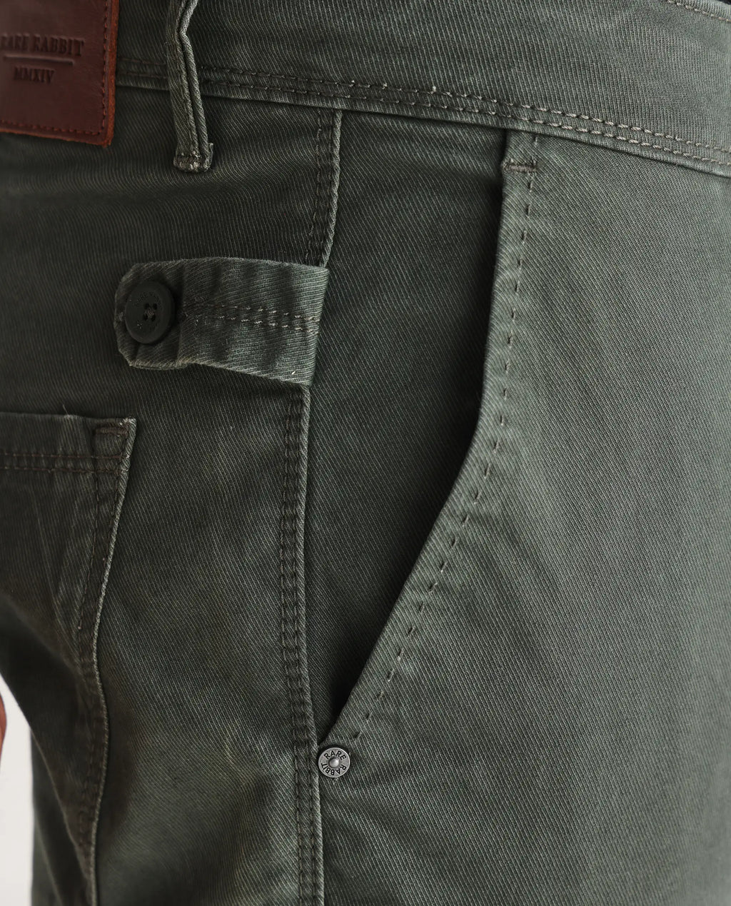 Rare Rabbit Men's Saho Olive Cotton Plain Hawk Slim Fit Jeans