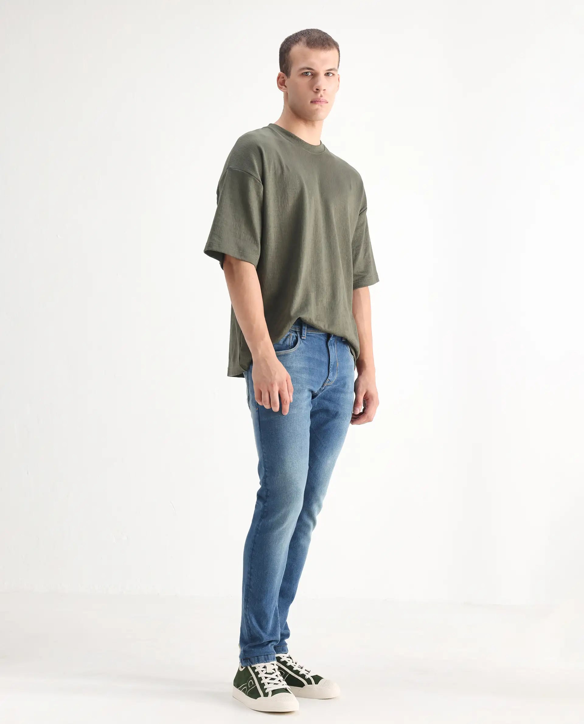 Rare Rabbit Men's Salar Pastel Blue Cotton Blend Plain Hawk Slim Fit Jeans