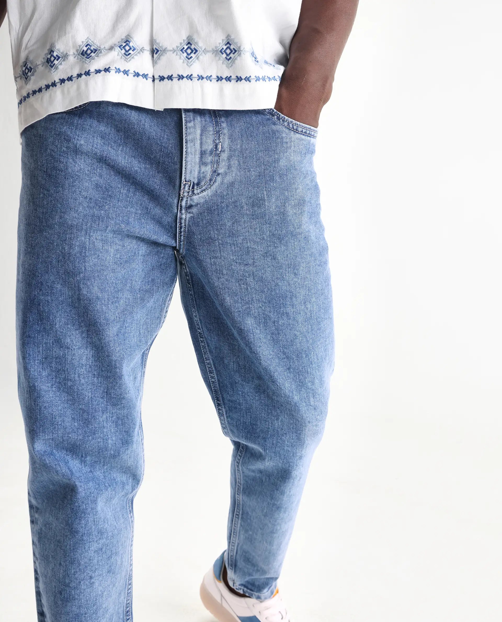 Rare Rabbit Men's Sam-2 Light Blue Cotton Plain Kurt Carrot Fit Jeans