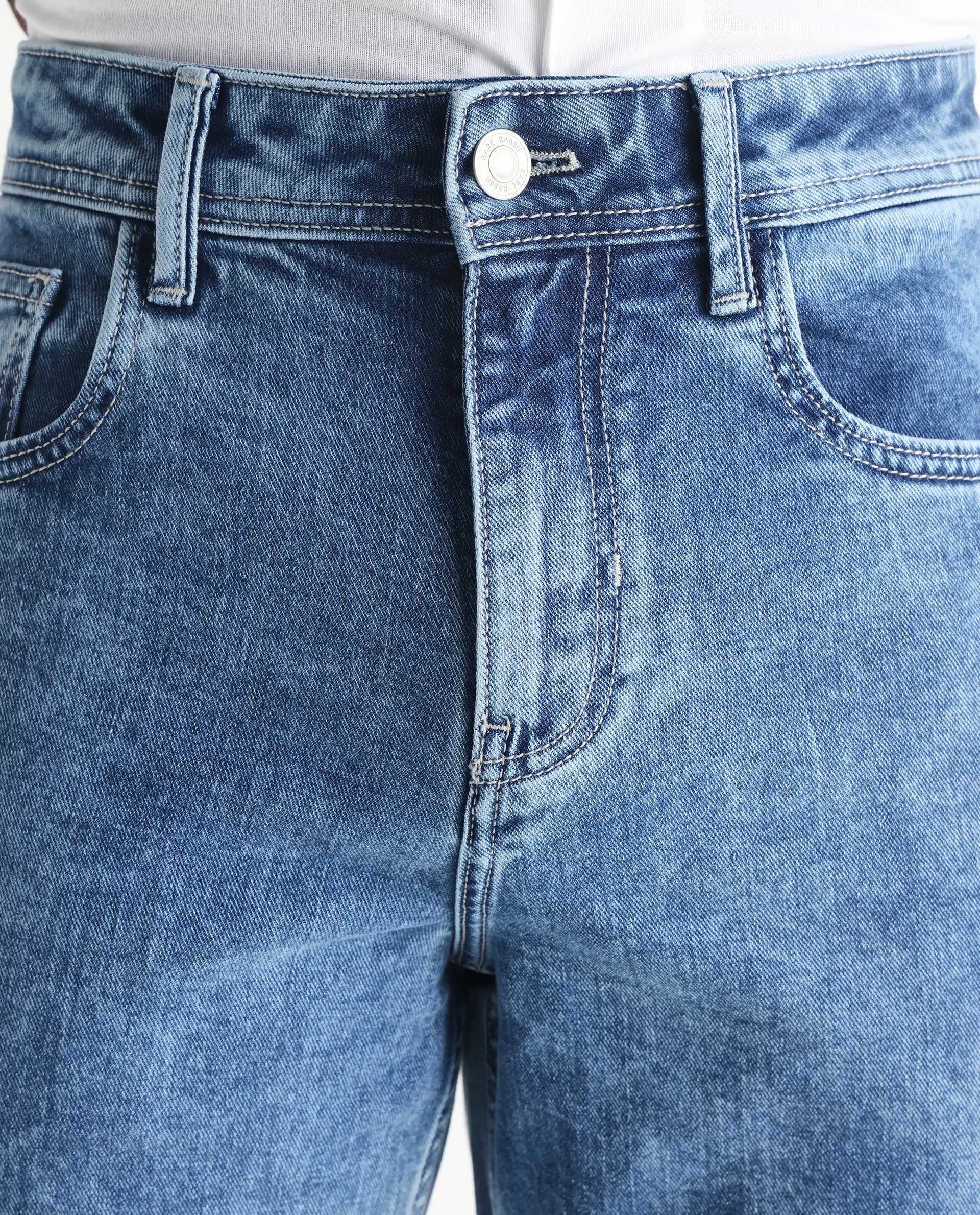 Rare Rabbit Men's Sam-2 Light Blue Cotton Plain Kurt Carrot Fit Jeans