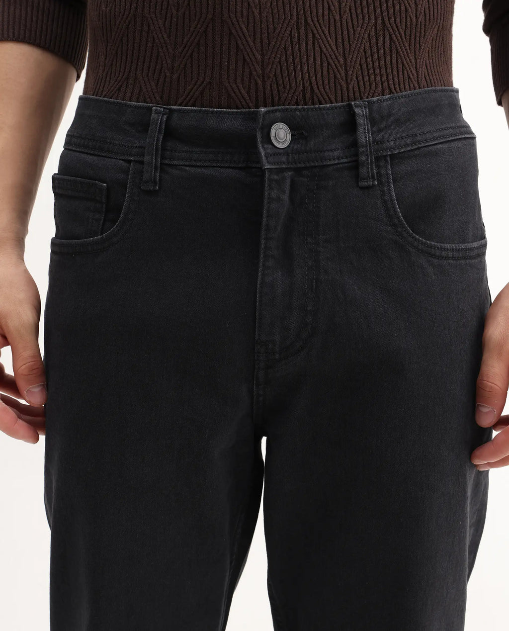 Rare Rabbit Men's Sam-2 Black Cotton Plain Kurt Carrot Fit Jeans