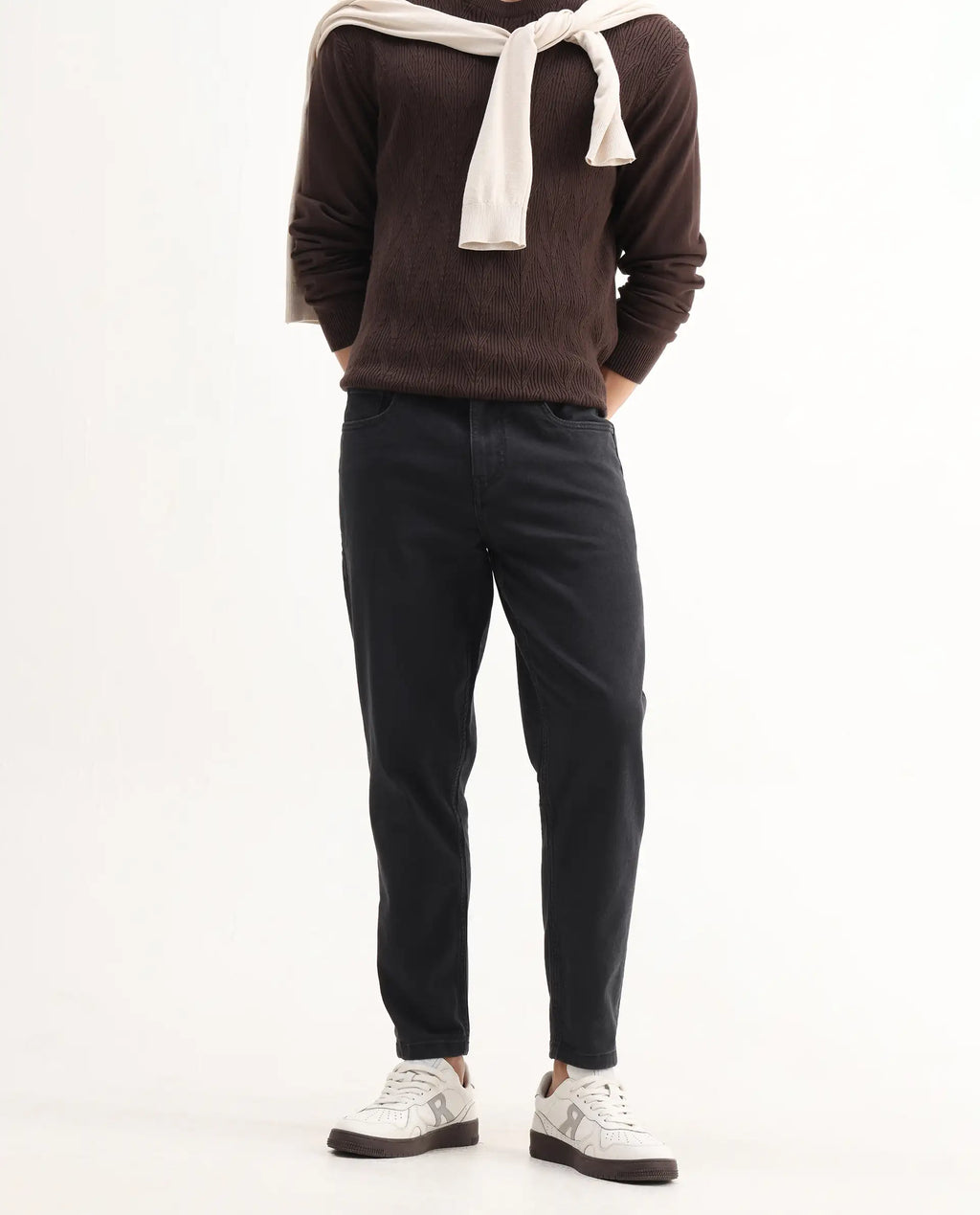 Rare Rabbit Men's Sam-2 Black Cotton Plain Kurt Carrot Fit Jeans