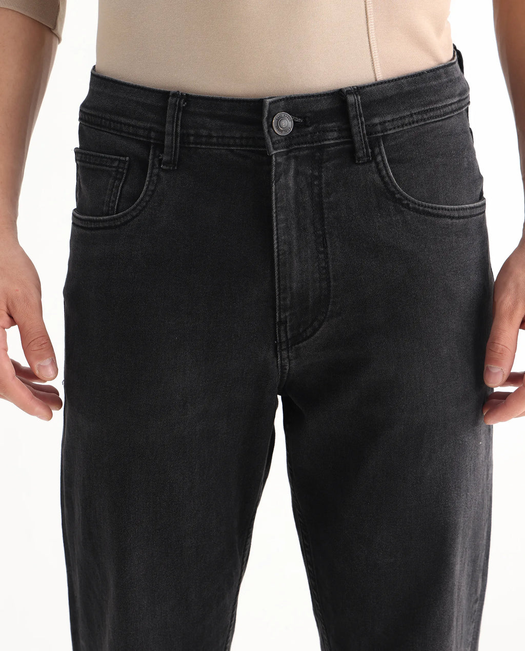Rare Rabbit Men's Sam Black Cotton Plain Kurt Carrot Fit Jeans