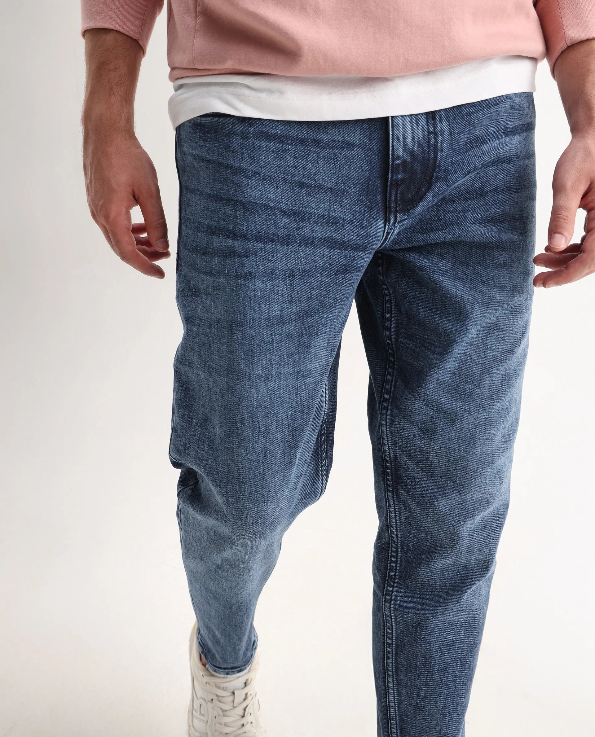 Rare Rabbit Men's Sam Dusky Blue Cotton Plain Kurt Carrot Fit Jeans