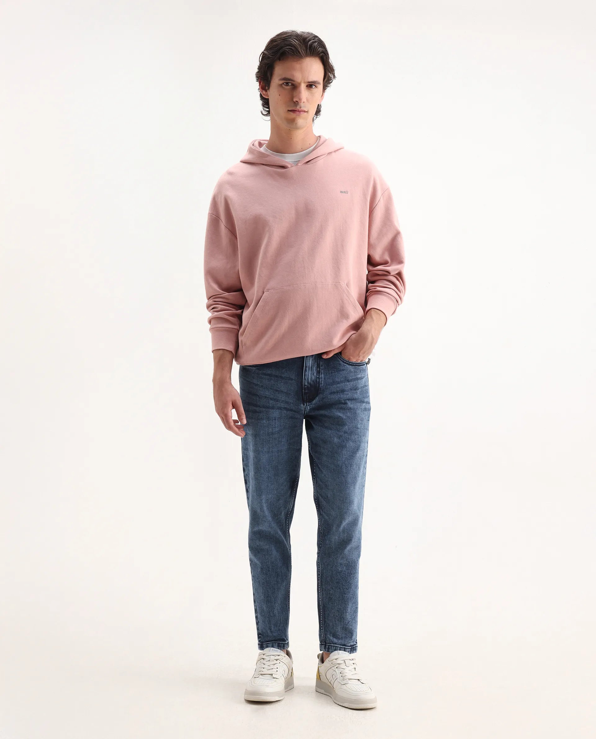 Rare Rabbit Men's Sam Dusky Blue Cotton Plain Kurt Carrot Fit Jeans