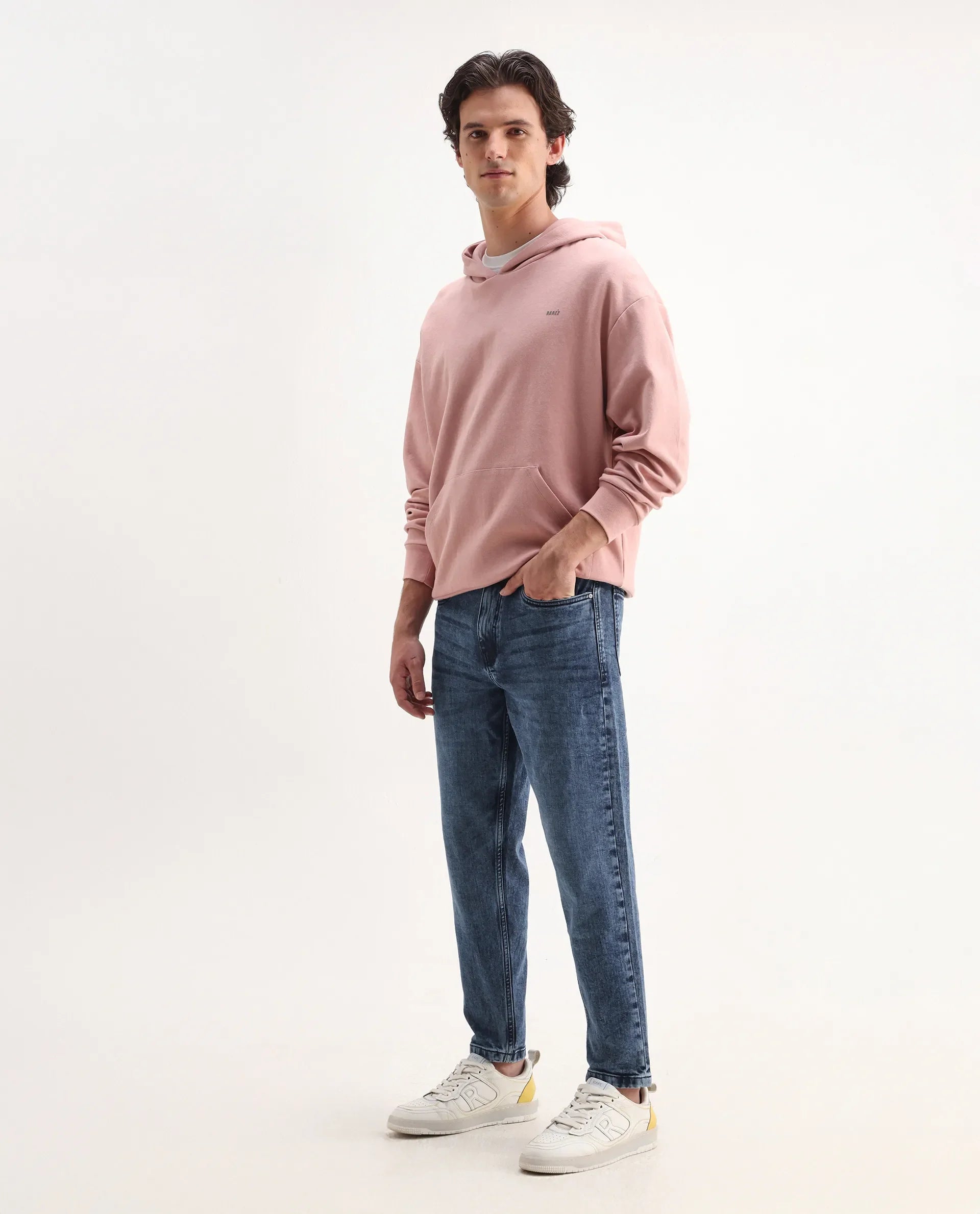 Rare Rabbit Men's Sam Dusky Blue Cotton Plain Kurt Carrot Fit Jeans