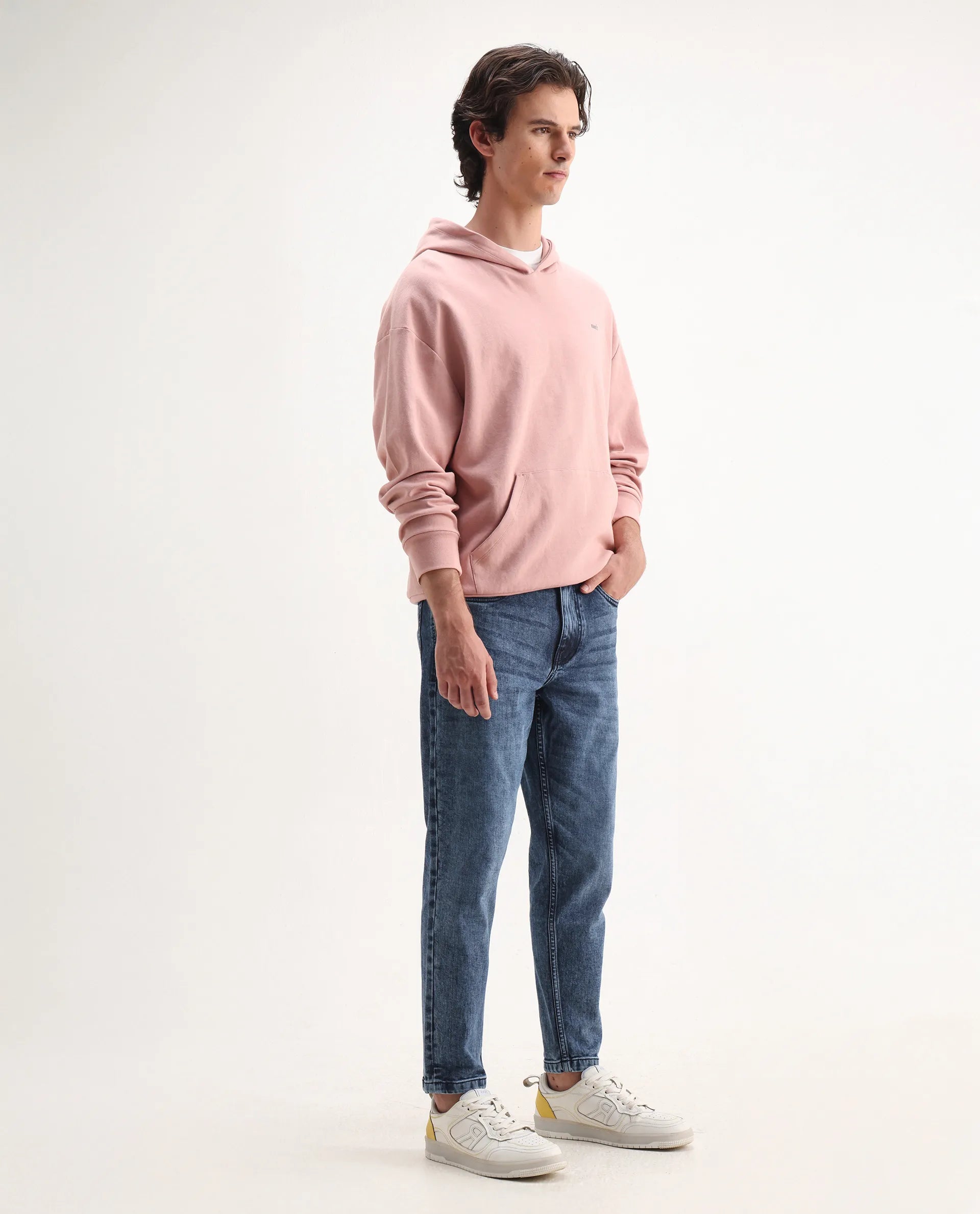 Rare Rabbit Men's Sam Dusky Blue Cotton Plain Kurt Carrot Fit Jeans