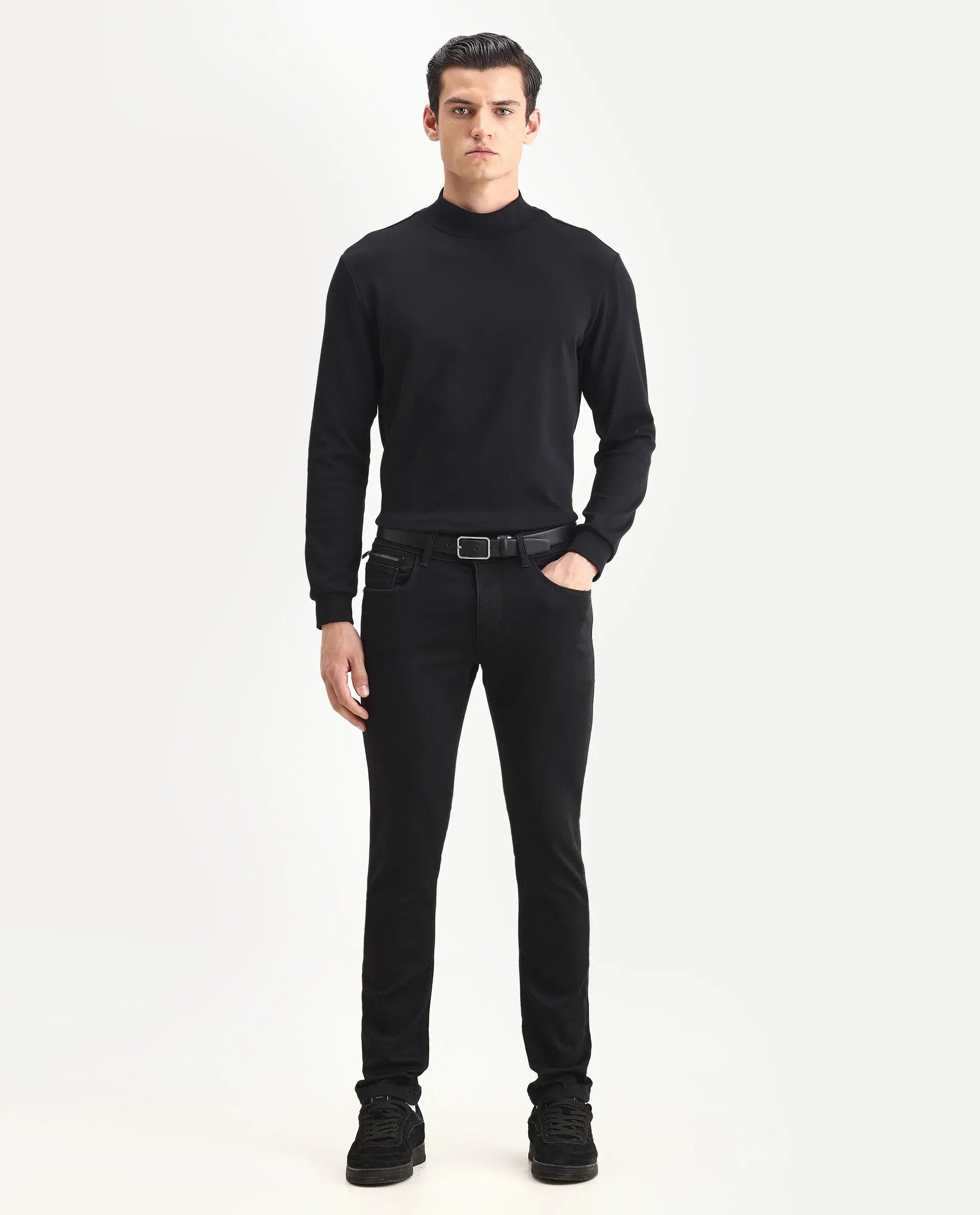 Rare Rabbit Men's Satinx S Black Cotton Plain Hawk Slim Fit Jeans