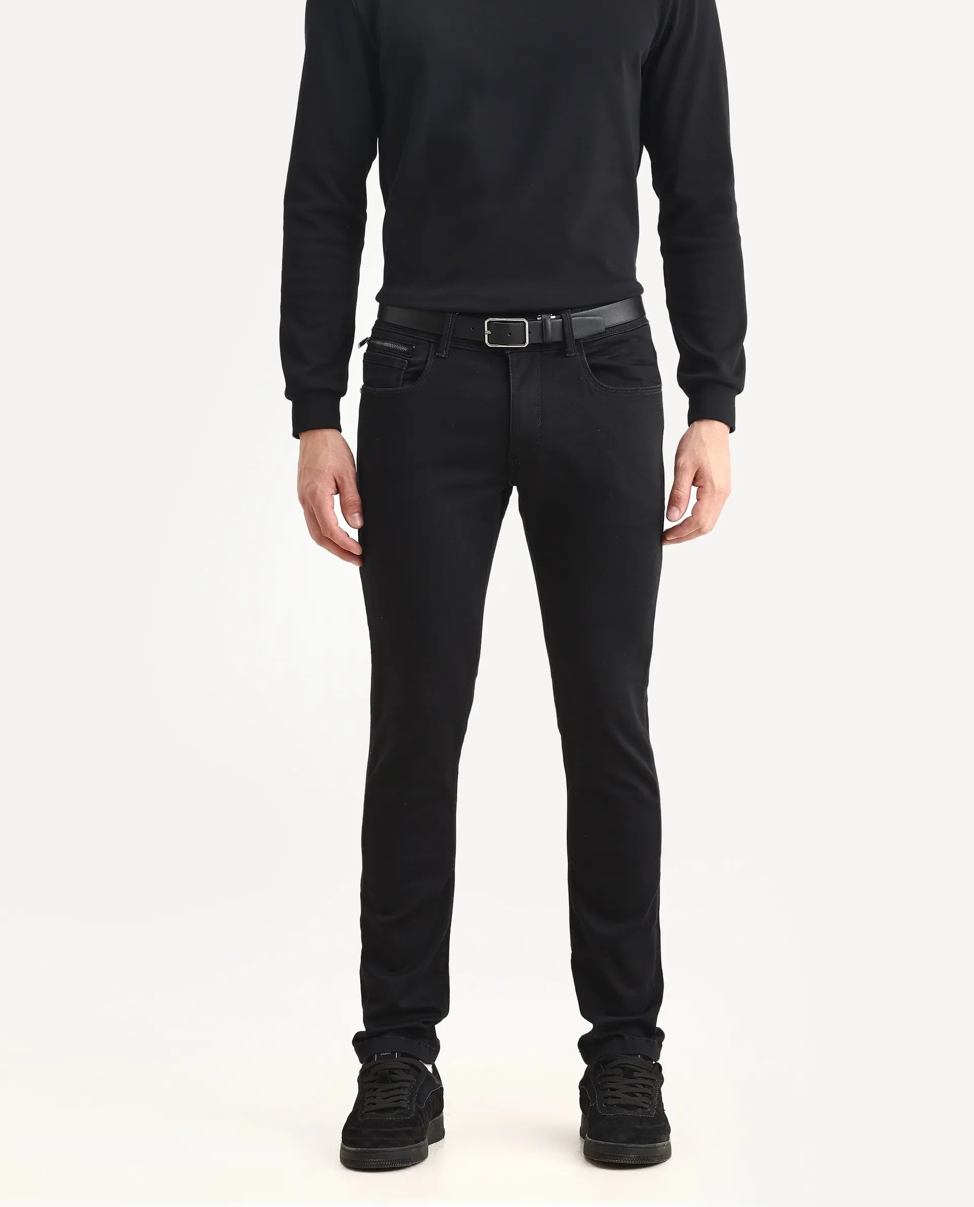 Rare Rabbit Men's Satinx S Black Cotton Plain Hawk Slim Fit Jeans