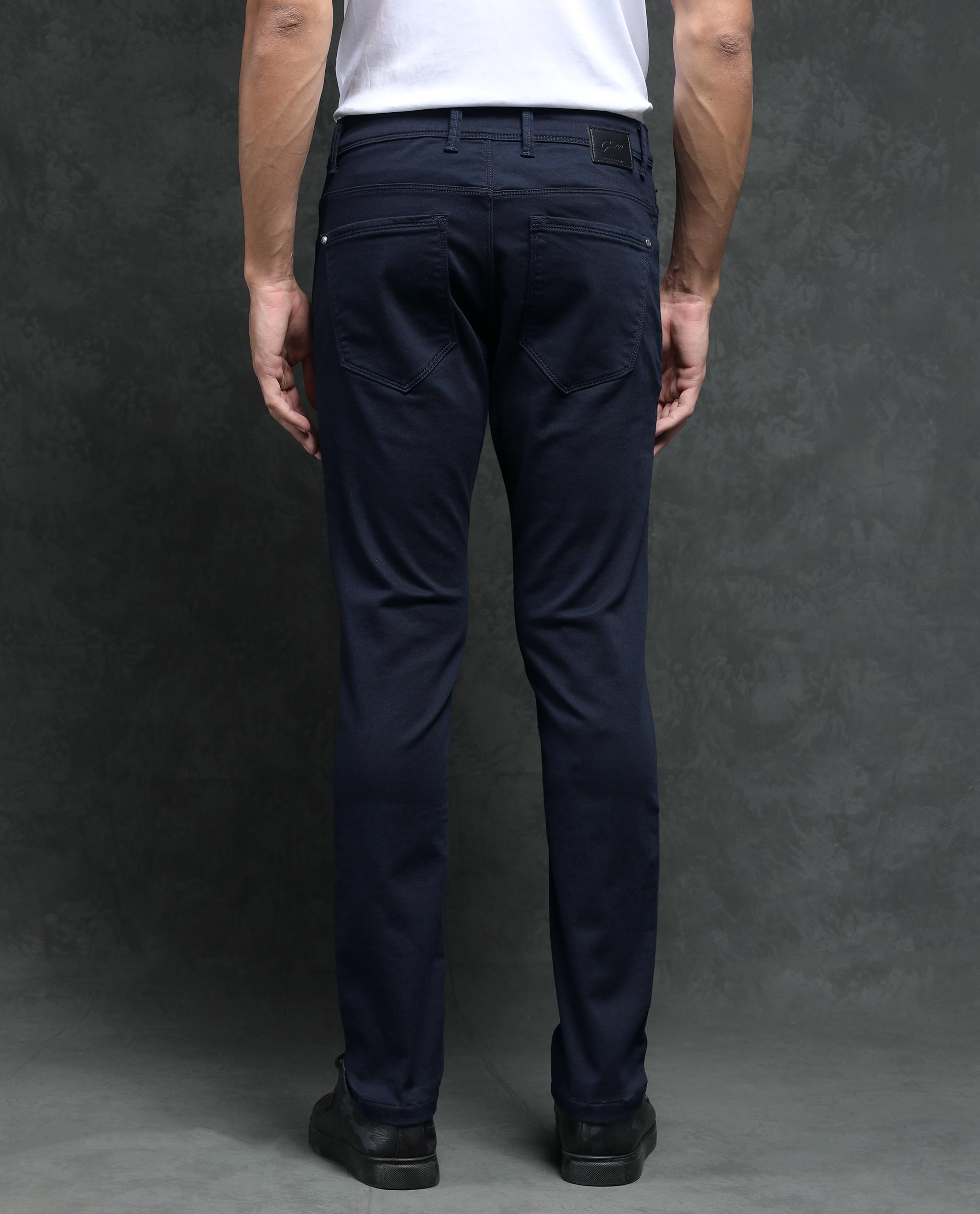 Rare Rabbit Men's Saton Navy Cotton Plain Hawk Slim Fit Jeans