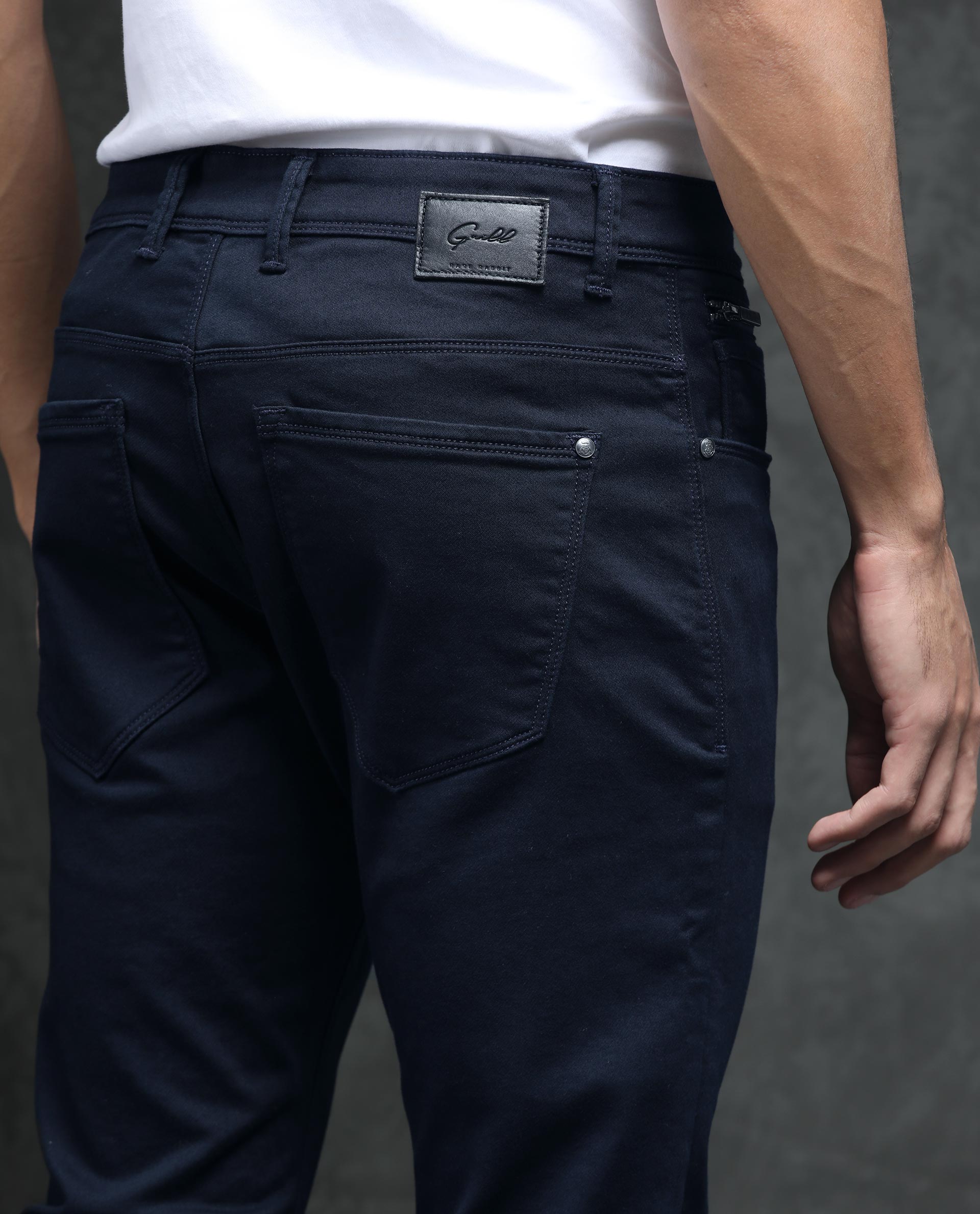 Rare Rabbit Men's Saton Navy Cotton Plain Hawk Slim Fit Jeans