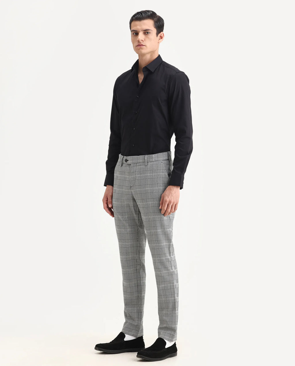 Rare Rabbit Men's Savvet Grey Polyester Checked Print Regular Fit Trouser