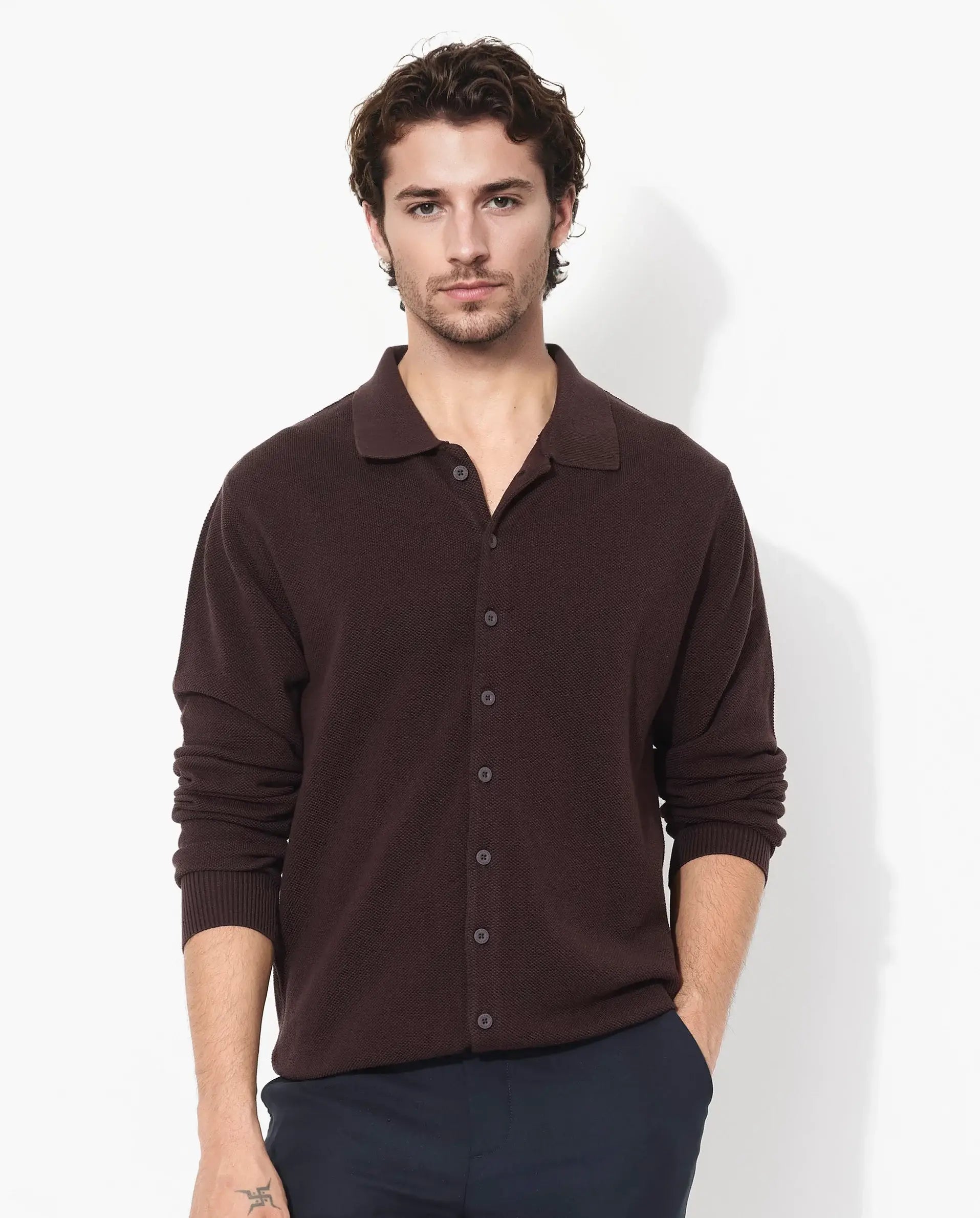 Rare Rabbit Men's Alias-N Brown Cotton Plain Regular Fit Full Sleeve Collared Shirt