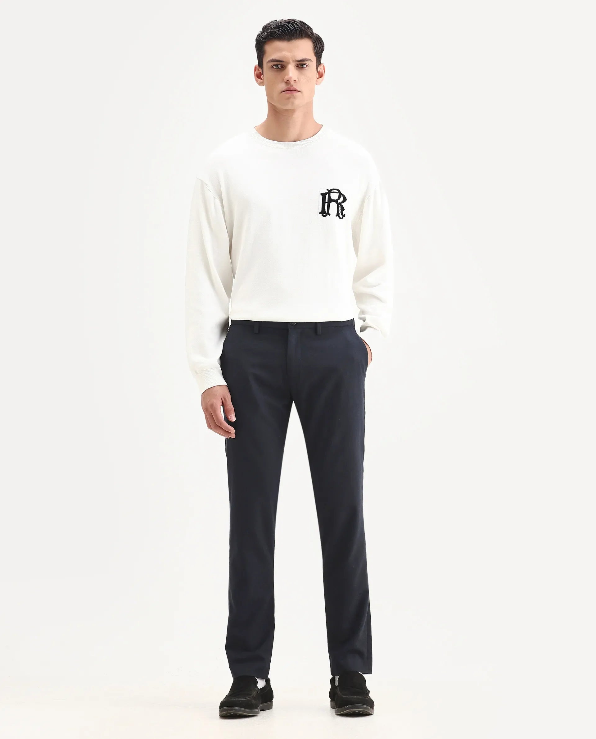 Rare Rabbit Men's Seth Navy Polyester Jacquard Regular Fit Trouser