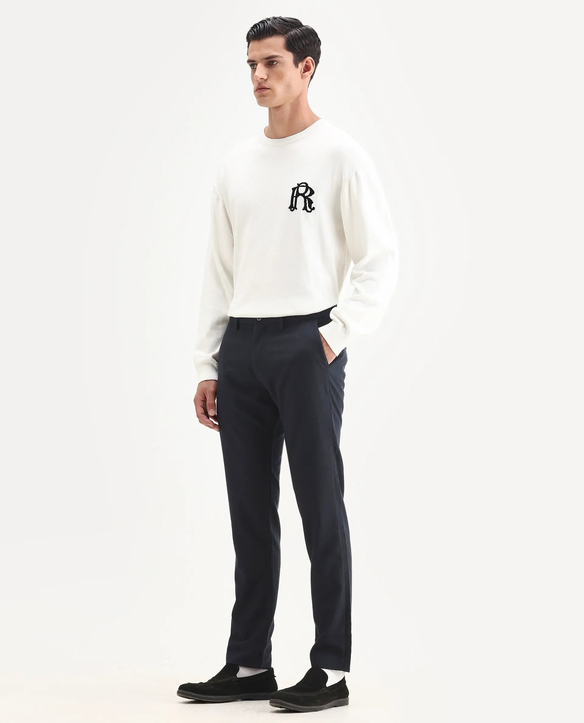 Rare Rabbit Men's Seth Navy Polyester Jacquard Regular Fit Trouser