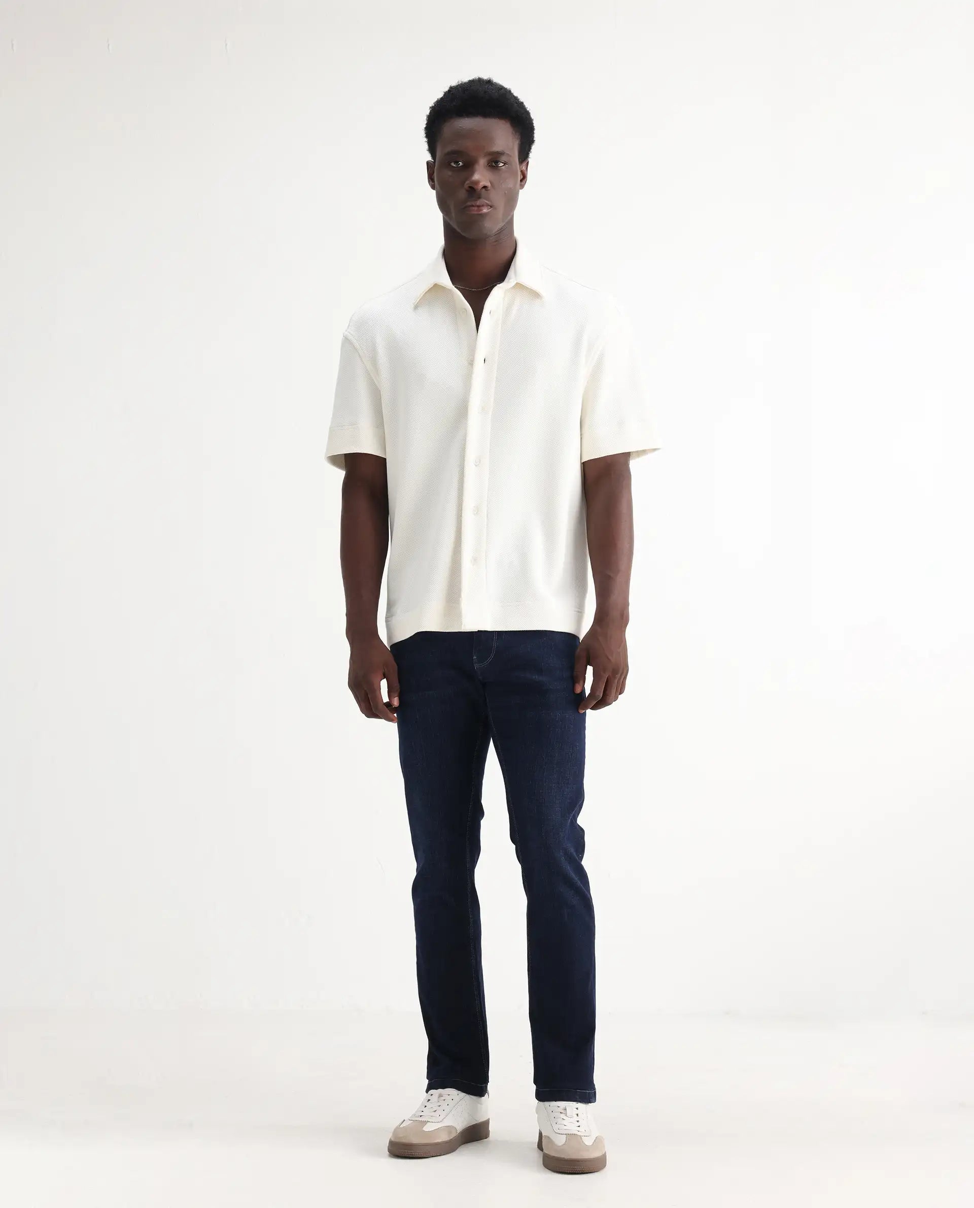Rare Rabbit Men's Shirol Blue Cotton Blend Plain Hawk Slim Fit Jeans