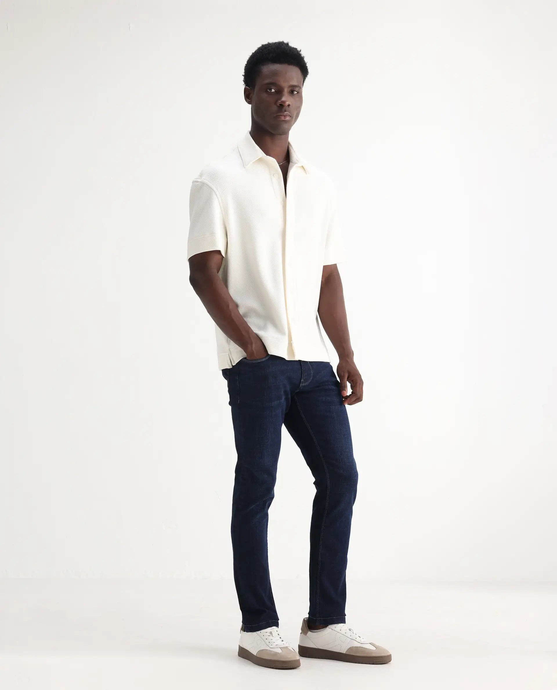 Rare Rabbit Men's Shirol Blue Cotton Blend Plain Hawk Slim Fit Jeans