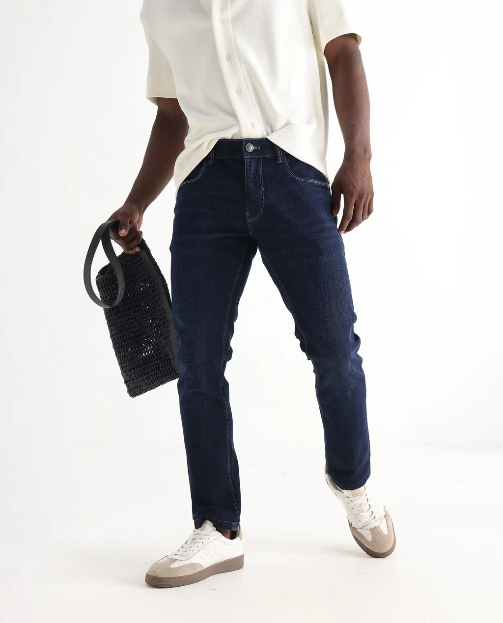 Rare Rabbit Men's Shirol Blue Cotton Blend Plain Hawk Slim Fit Jeans