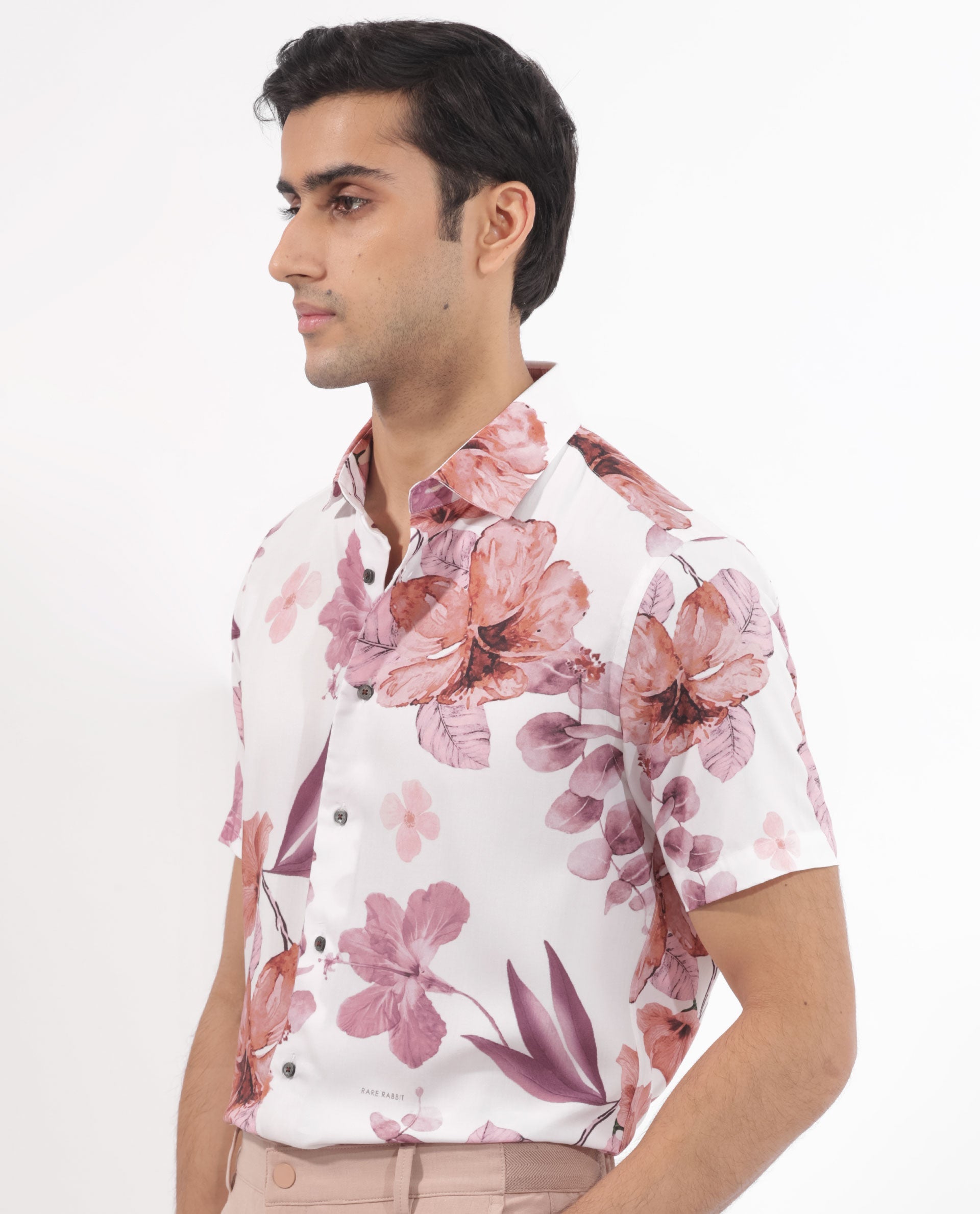 Rare Rabbit Men's Siros White Viscose Floral Print Regular Fit Half Sleeve Collared Shirt