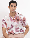 Rare Rabbit Men's Siros White Viscose Floral Print Regular Fit Half Sleeve Collared Shirt