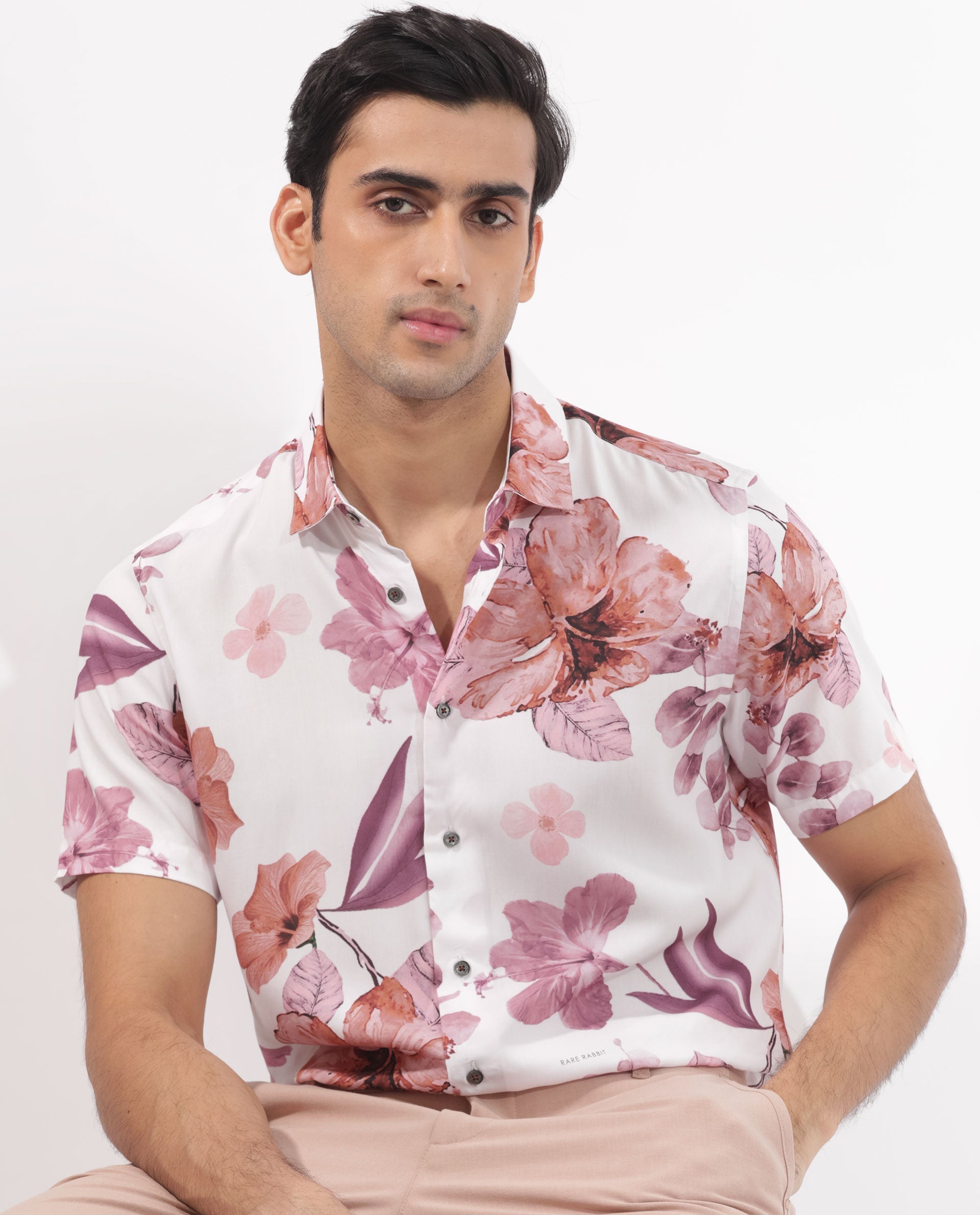 Rare Rabbit Men's Siros White Viscose Floral Print Regular Fit Half Sleeve Collared Shirt