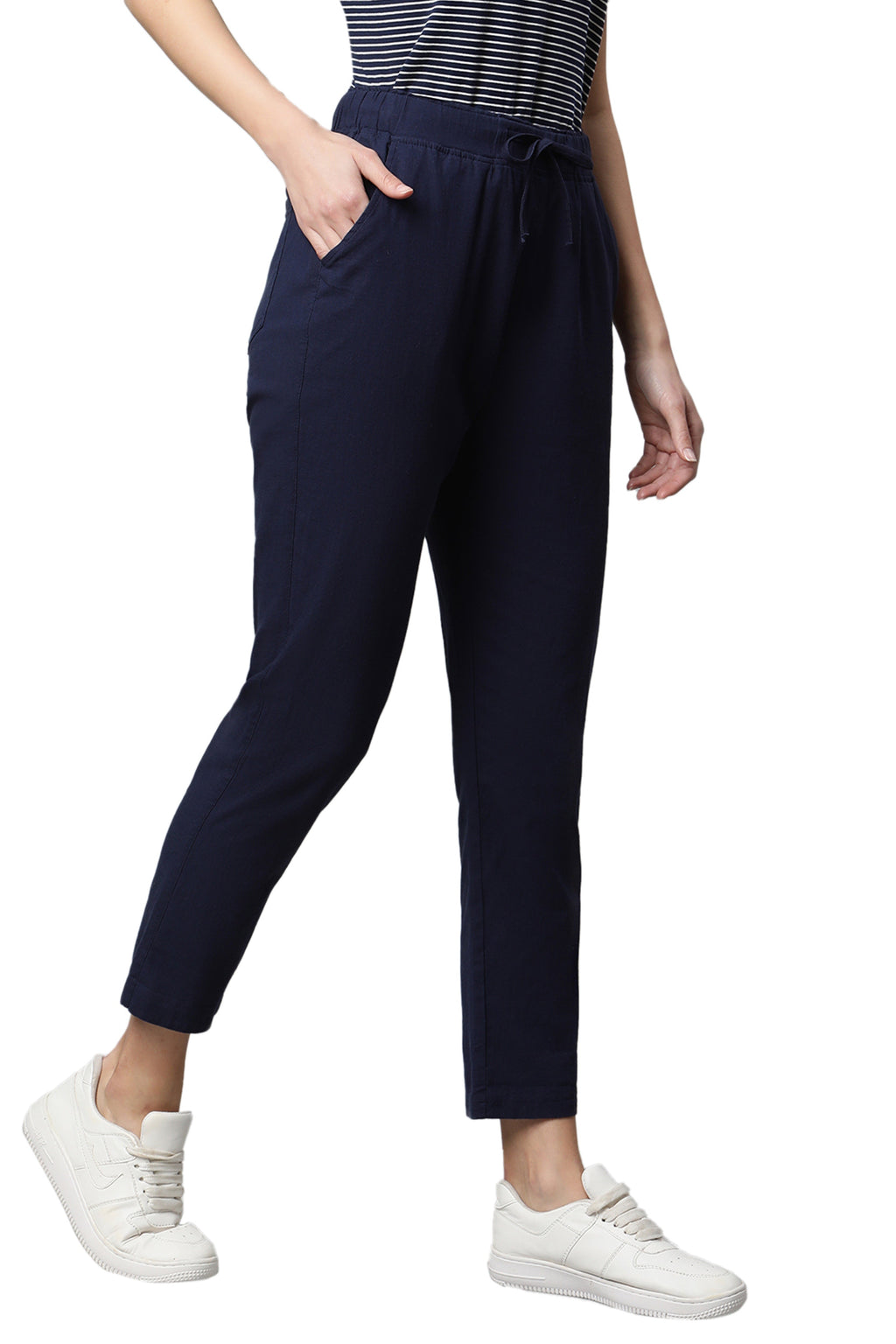 Navy Blue Cotton Regular Fit Lower
