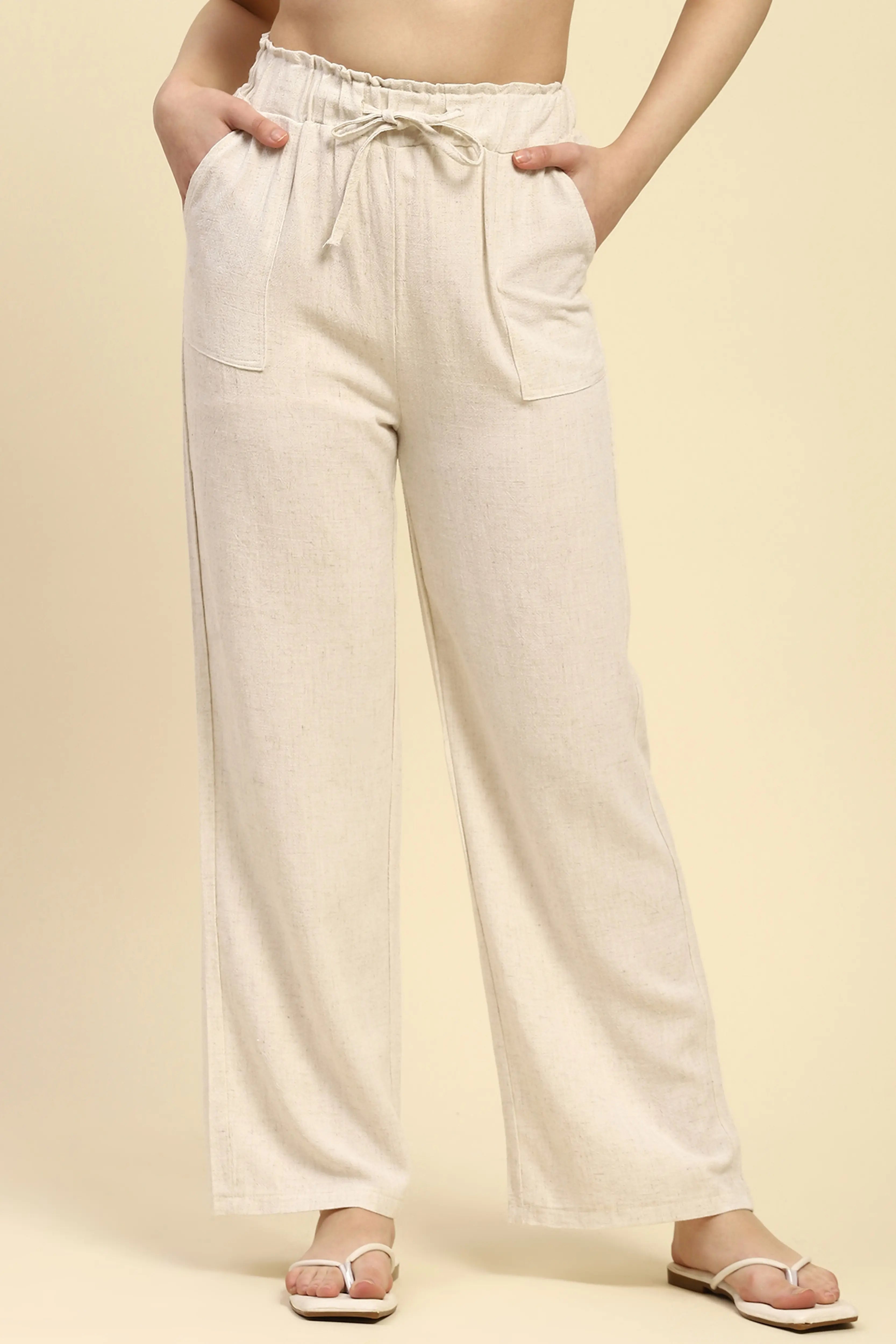 Natural Beige Solid Relaxed Fit Lower