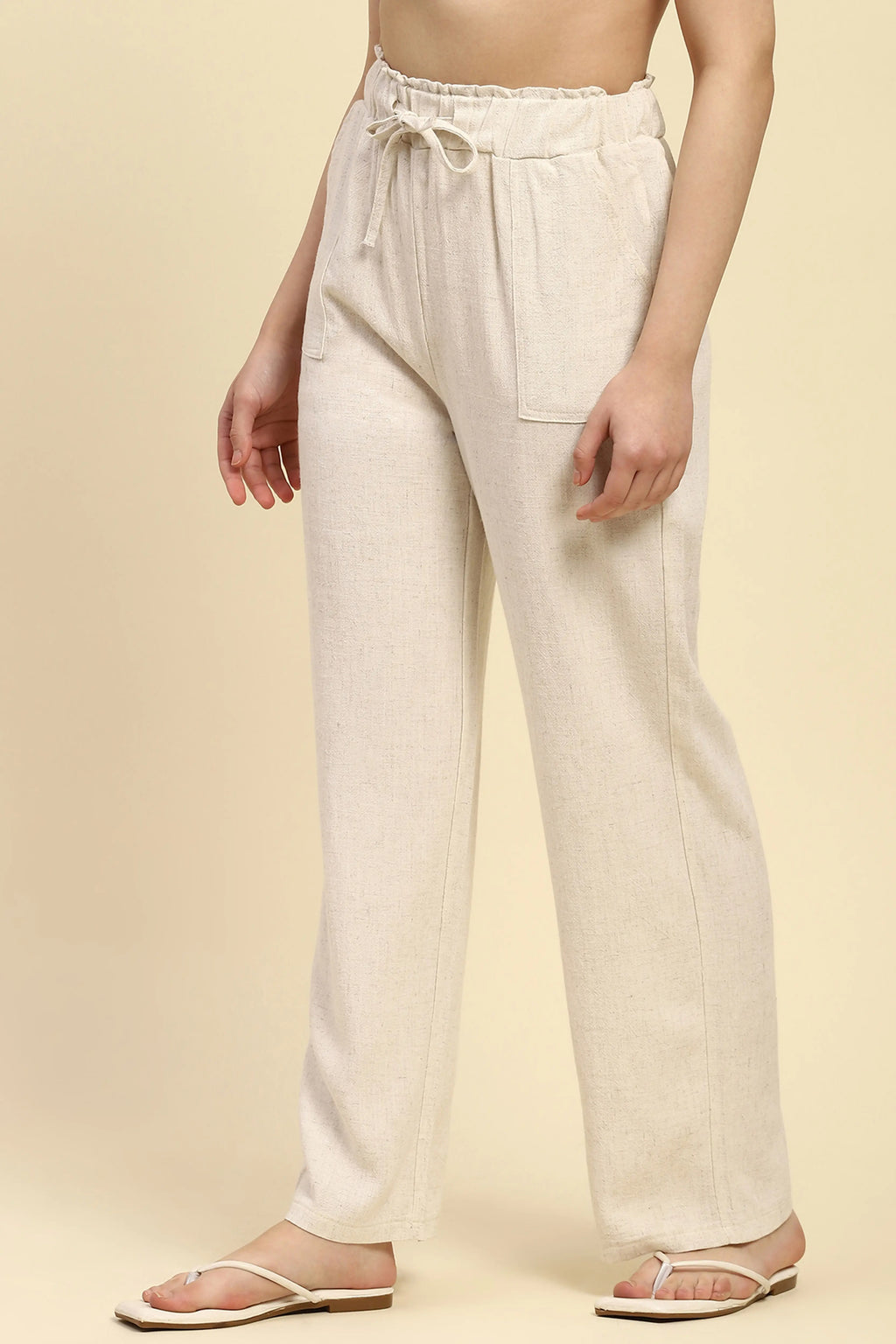 Natural Beige Solid Relaxed Fit Lower