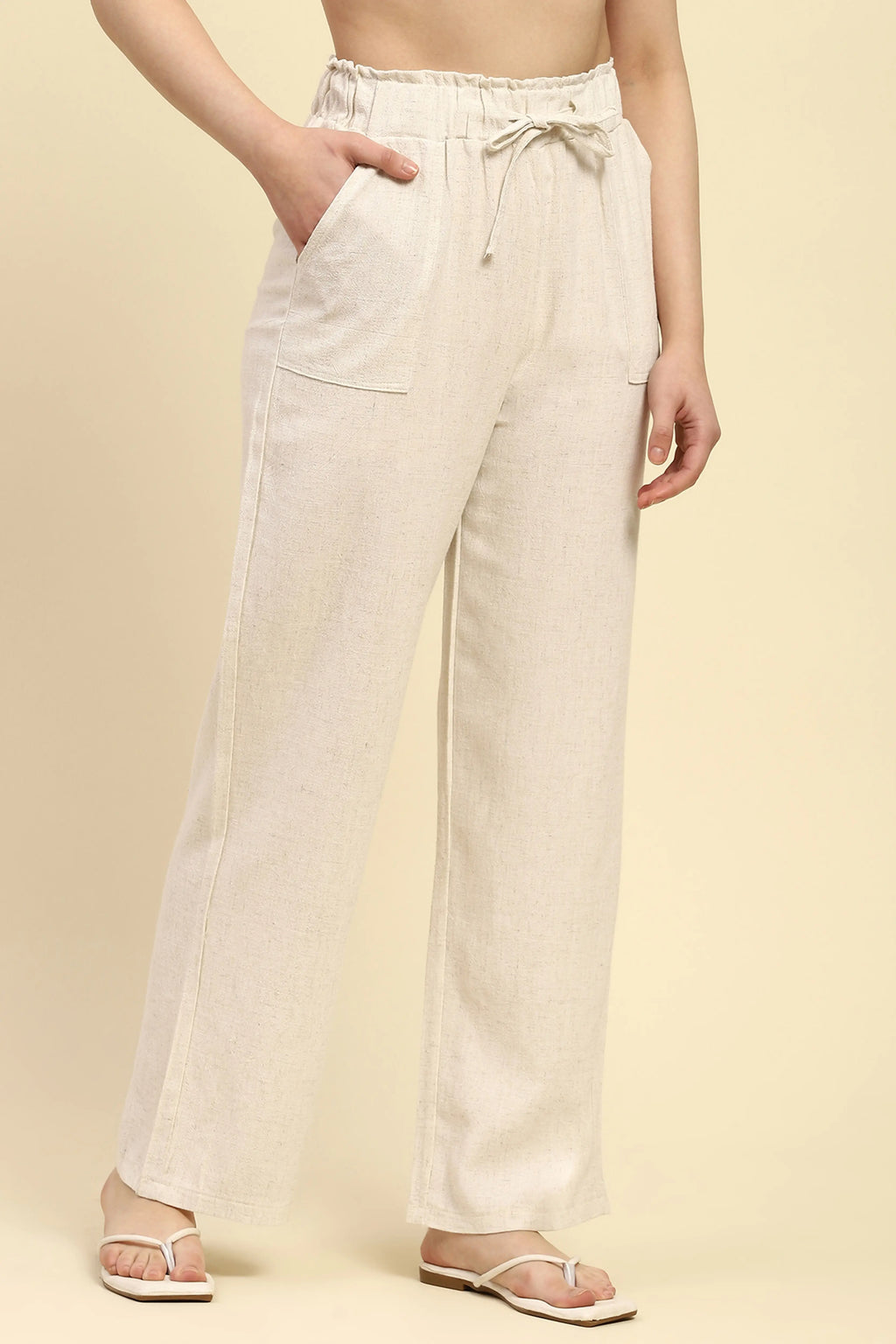Natural Beige Solid Relaxed Fit Lower