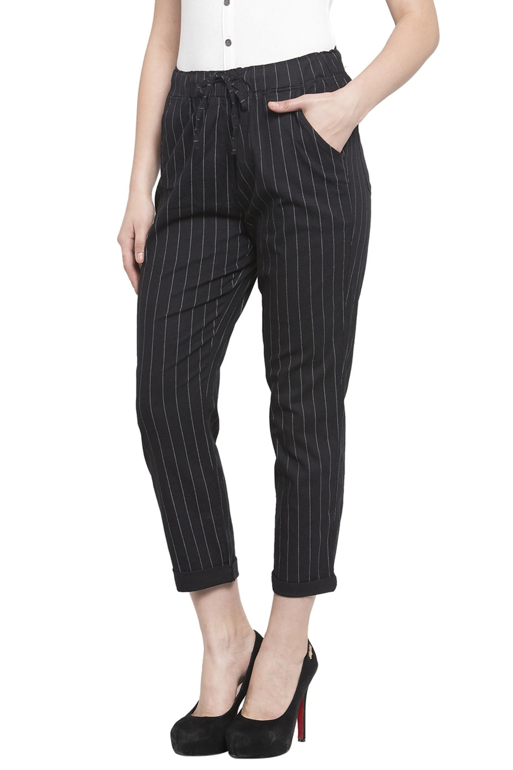 Black Striped Ankle Length Lower
