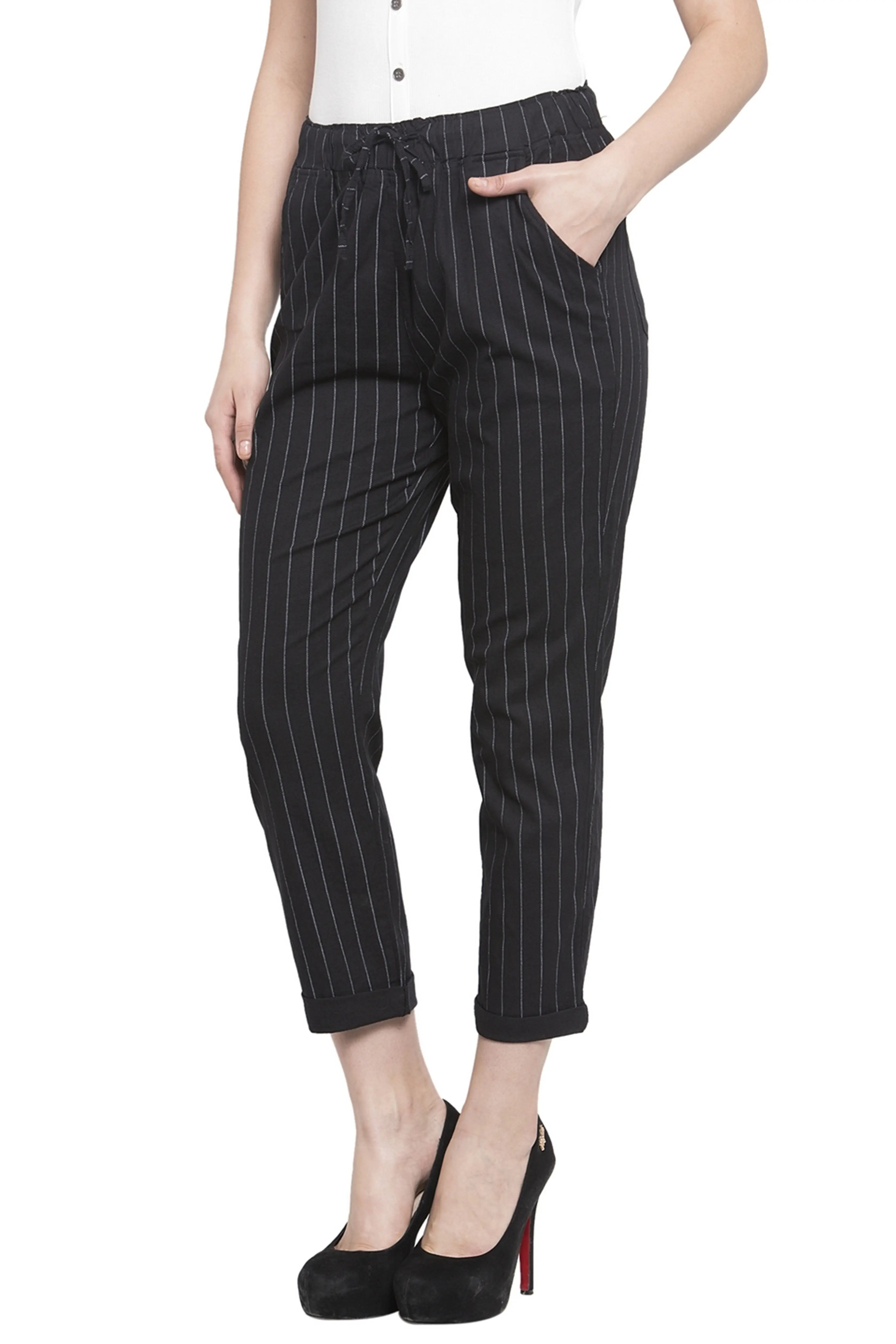 Black Striped Ankle Length Lower