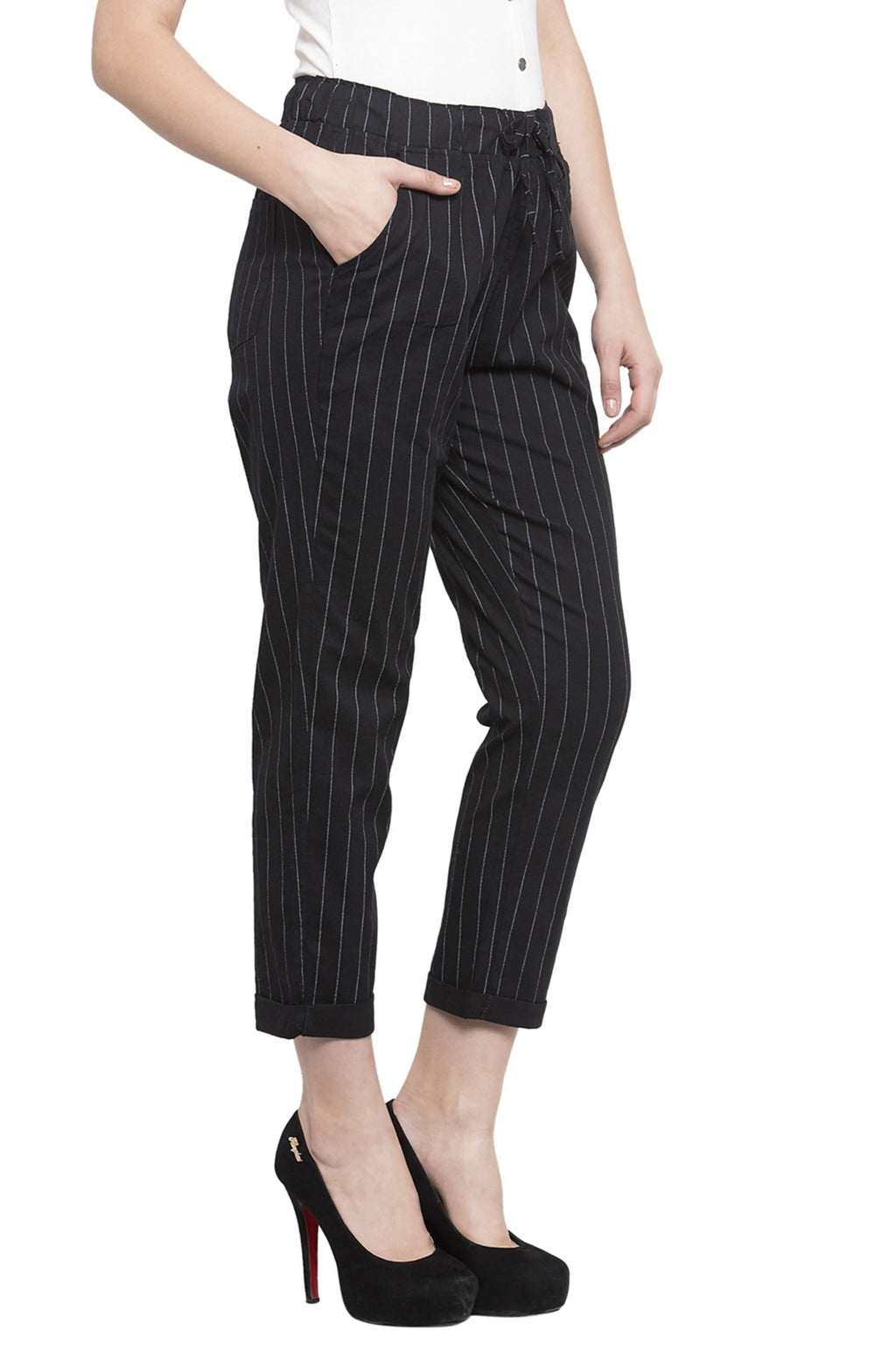 Black Striped Ankle Length Lower