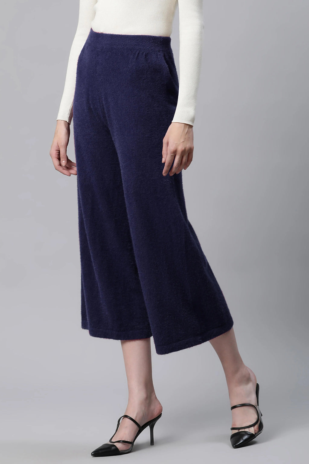 Navy Blue Loose Fit Faux-Fur Lower