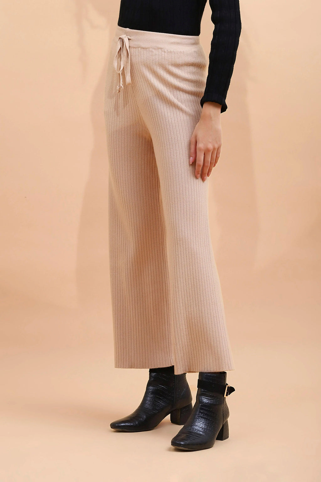 Beige Viscose Blend Solid Lower