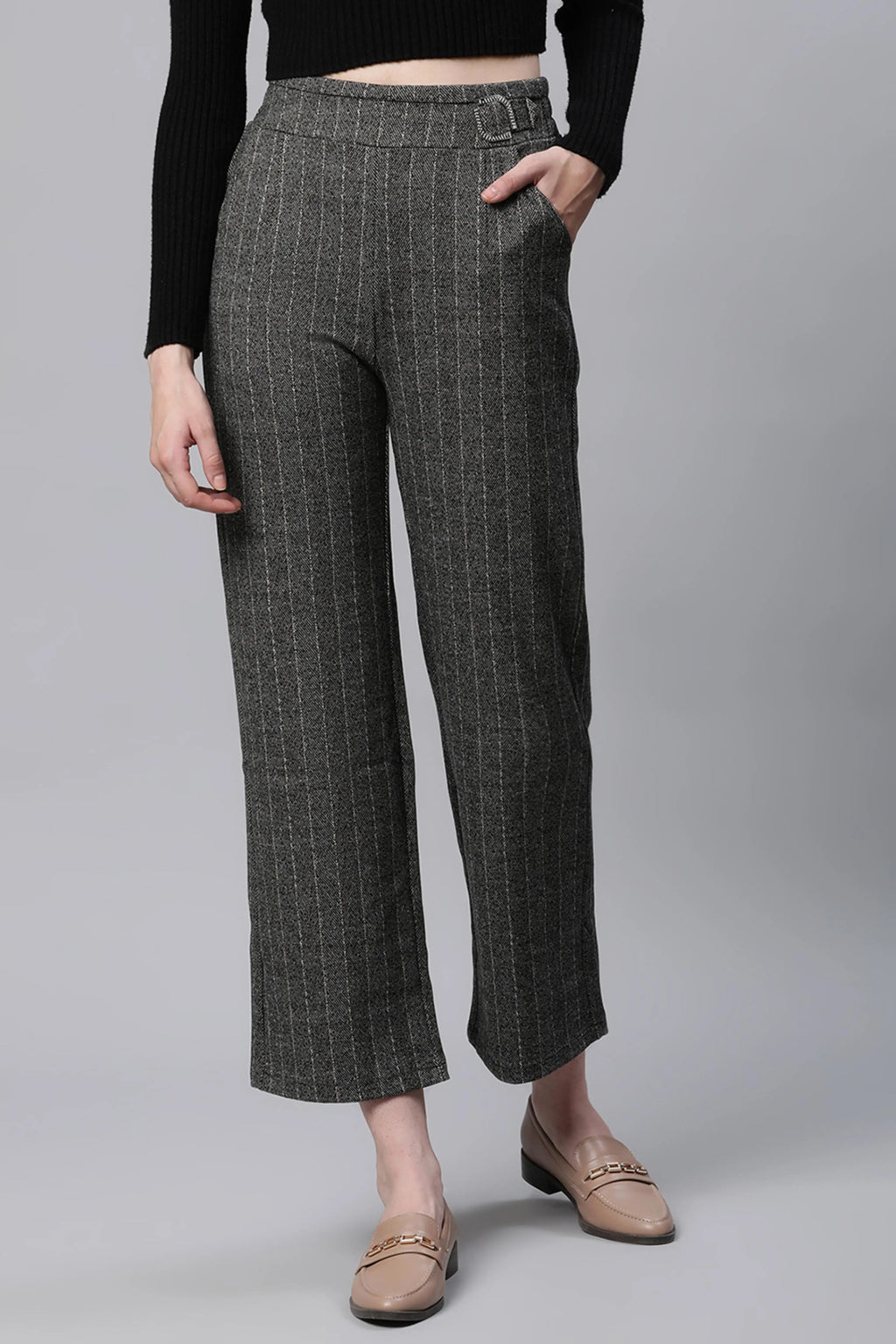 Grey Striped High Waist Straight Trousers
