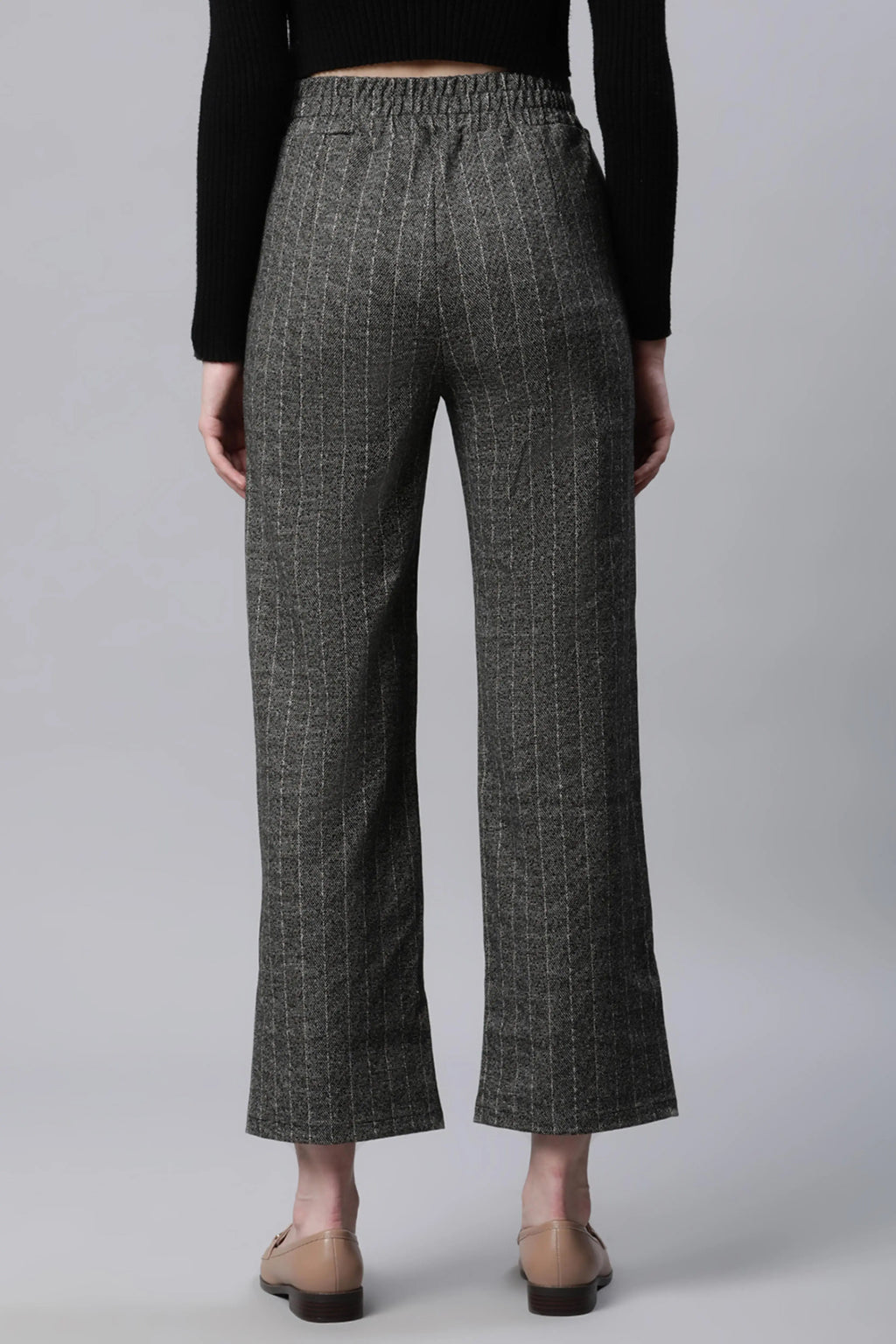 Grey Striped High Waist Straight Trousers