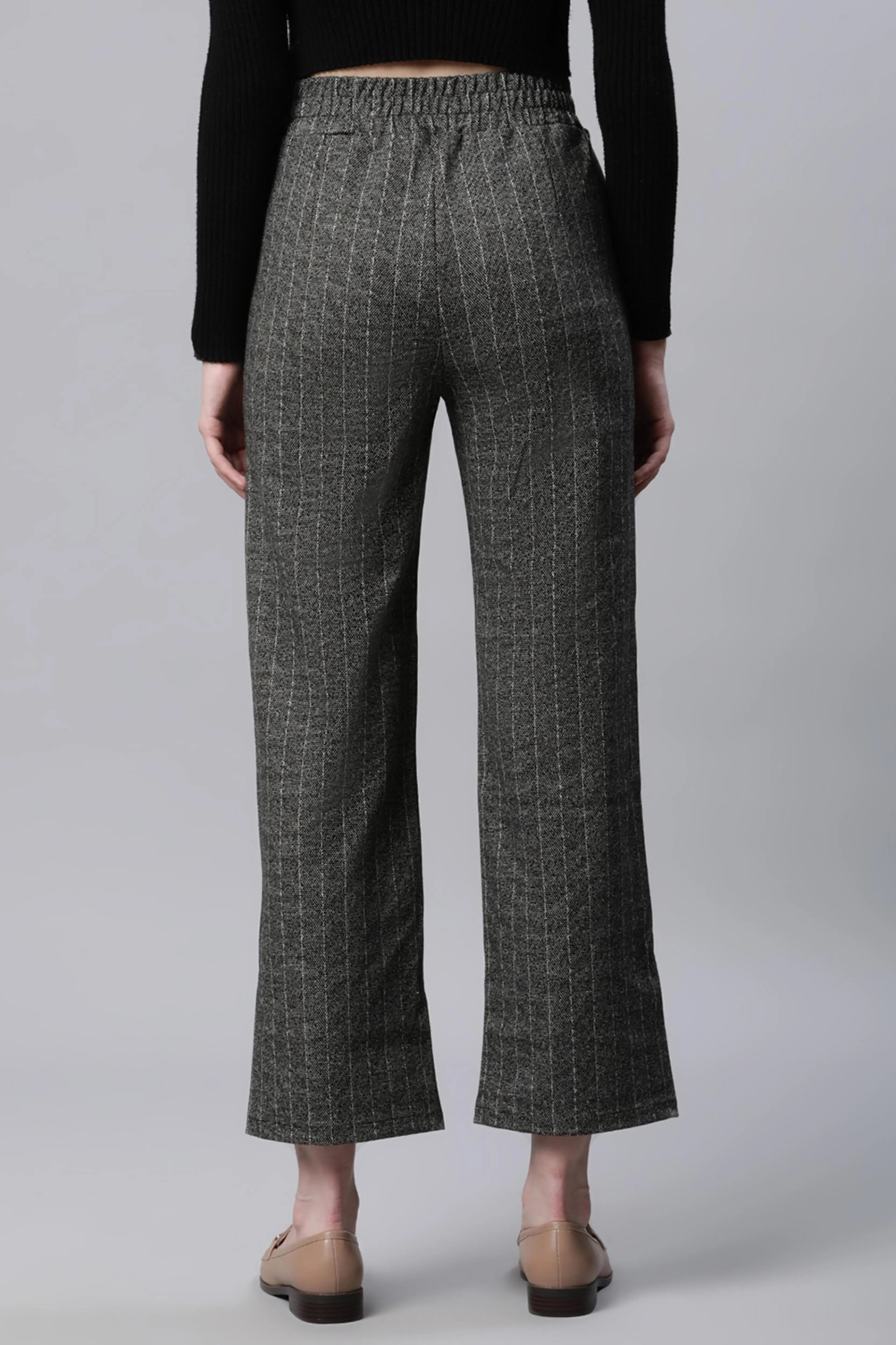 Grey Striped High Waist Straight Trousers