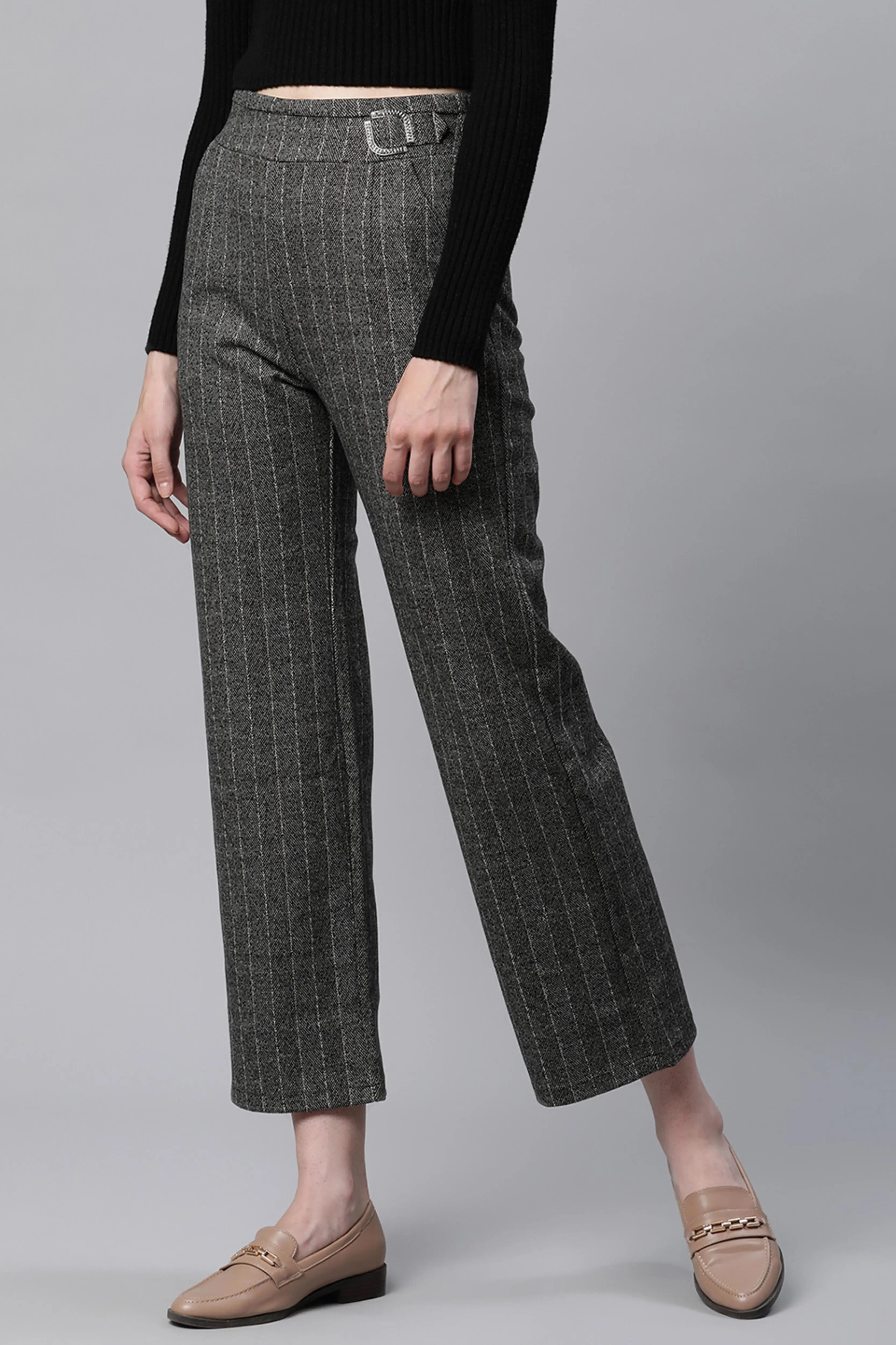 Grey Striped High Waist Straight Trousers