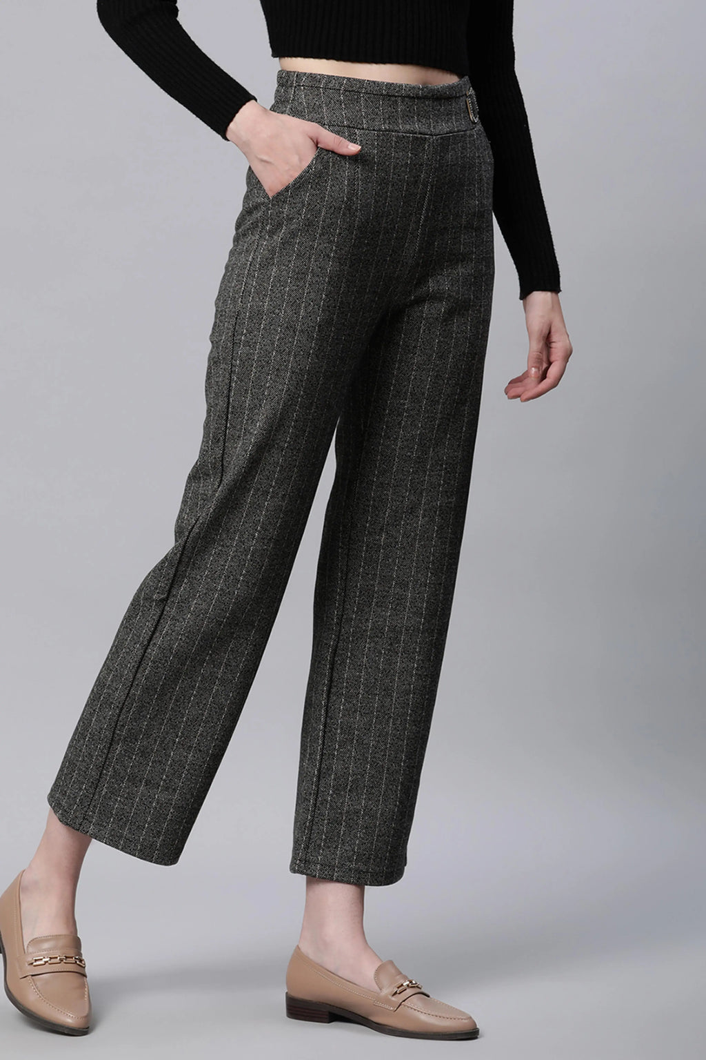 Grey Striped High Waist Straight Trousers