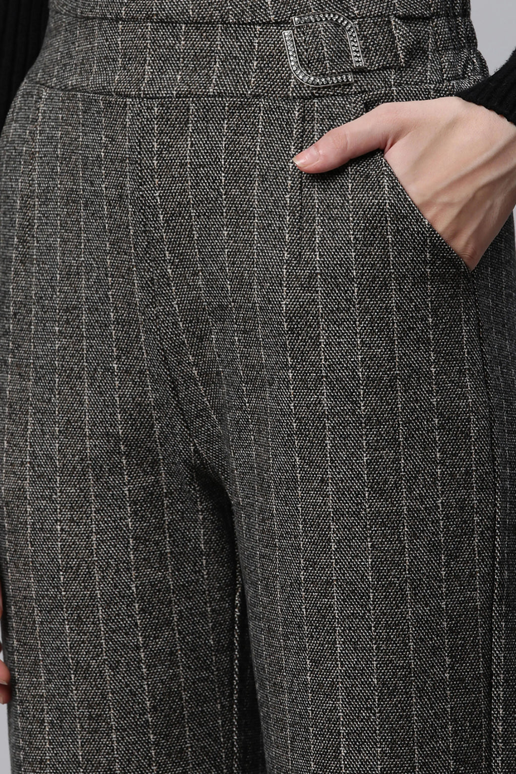 Grey Striped High Waist Straight Trousers