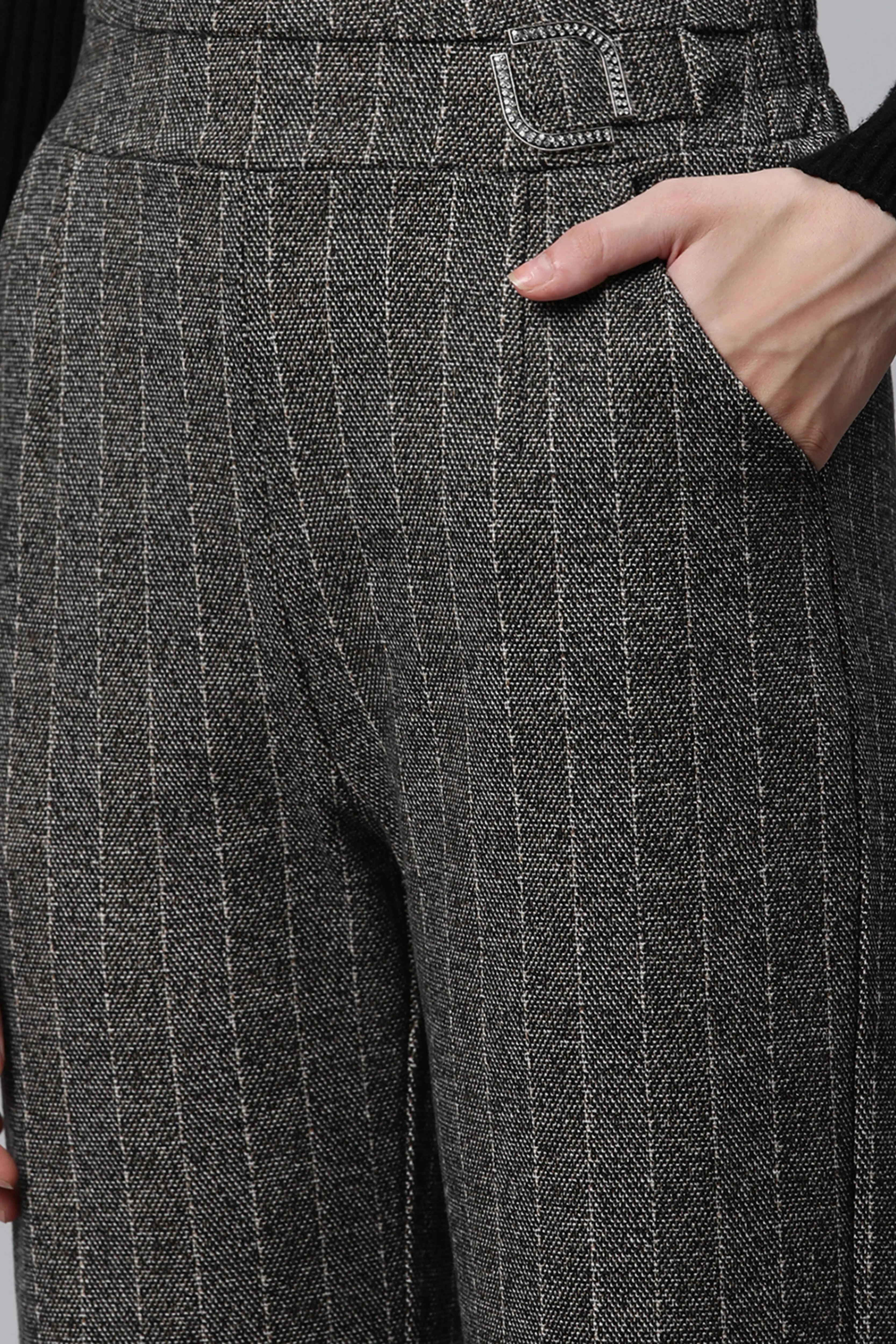 Grey Striped High Waist Straight Trousers