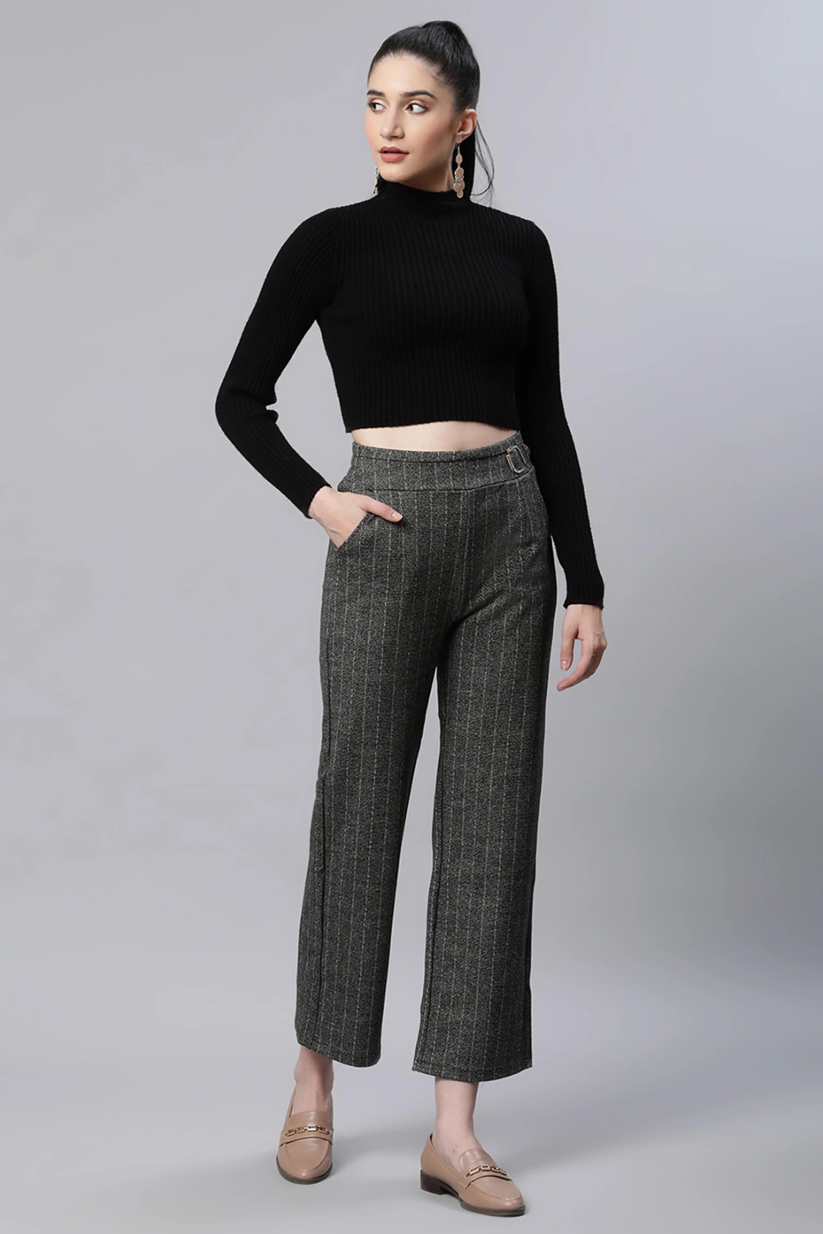 Grey Striped High Waist Straight Trousers